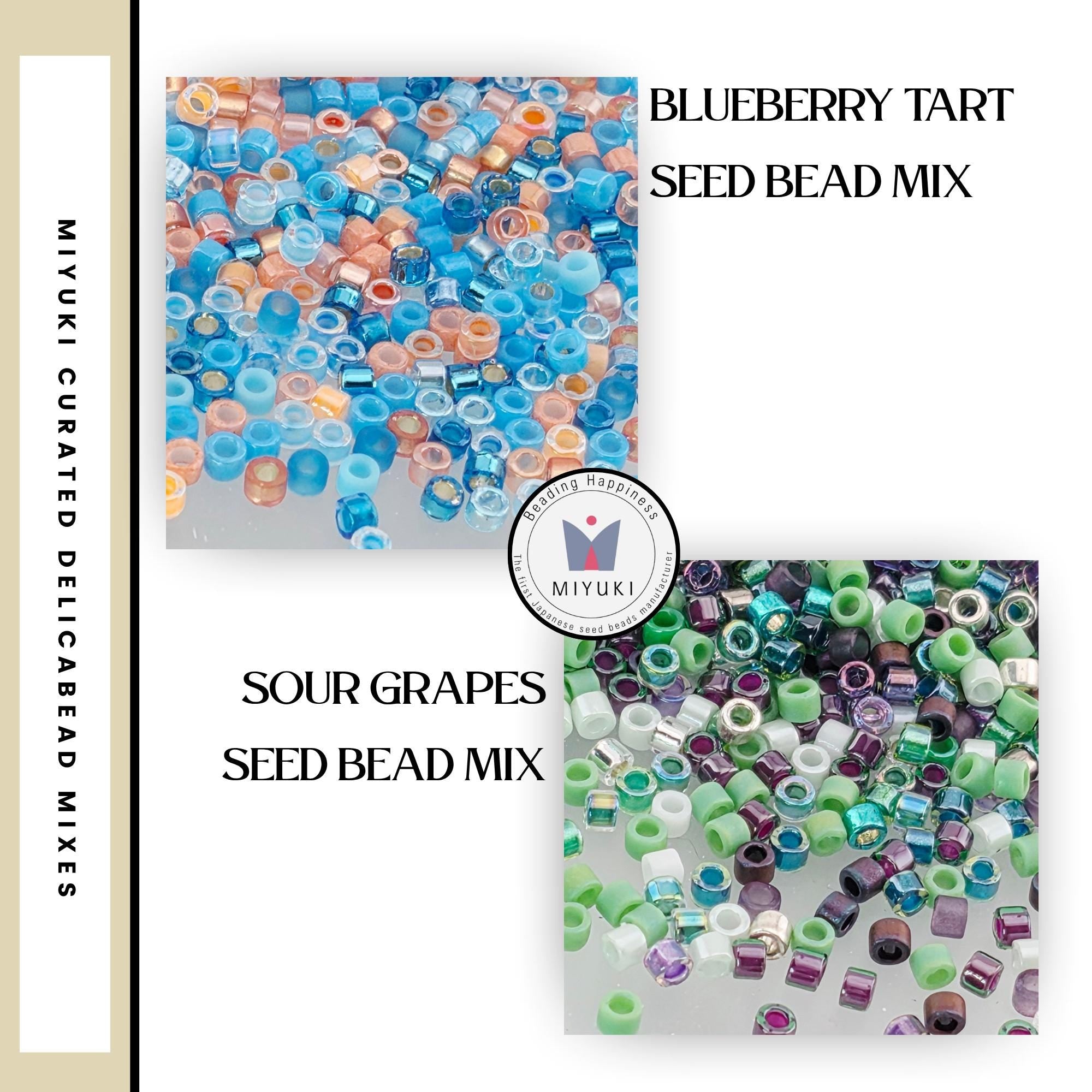 The image is a collage of two images, each containing a variety of colorful beads. The first image shows a collection of blue, orange, and purple beads, while the second image displays a mix of green, purple, and blue beads. The text in the image provides information about the beads, including the names of the beads and the type of bead mix they are a part of.