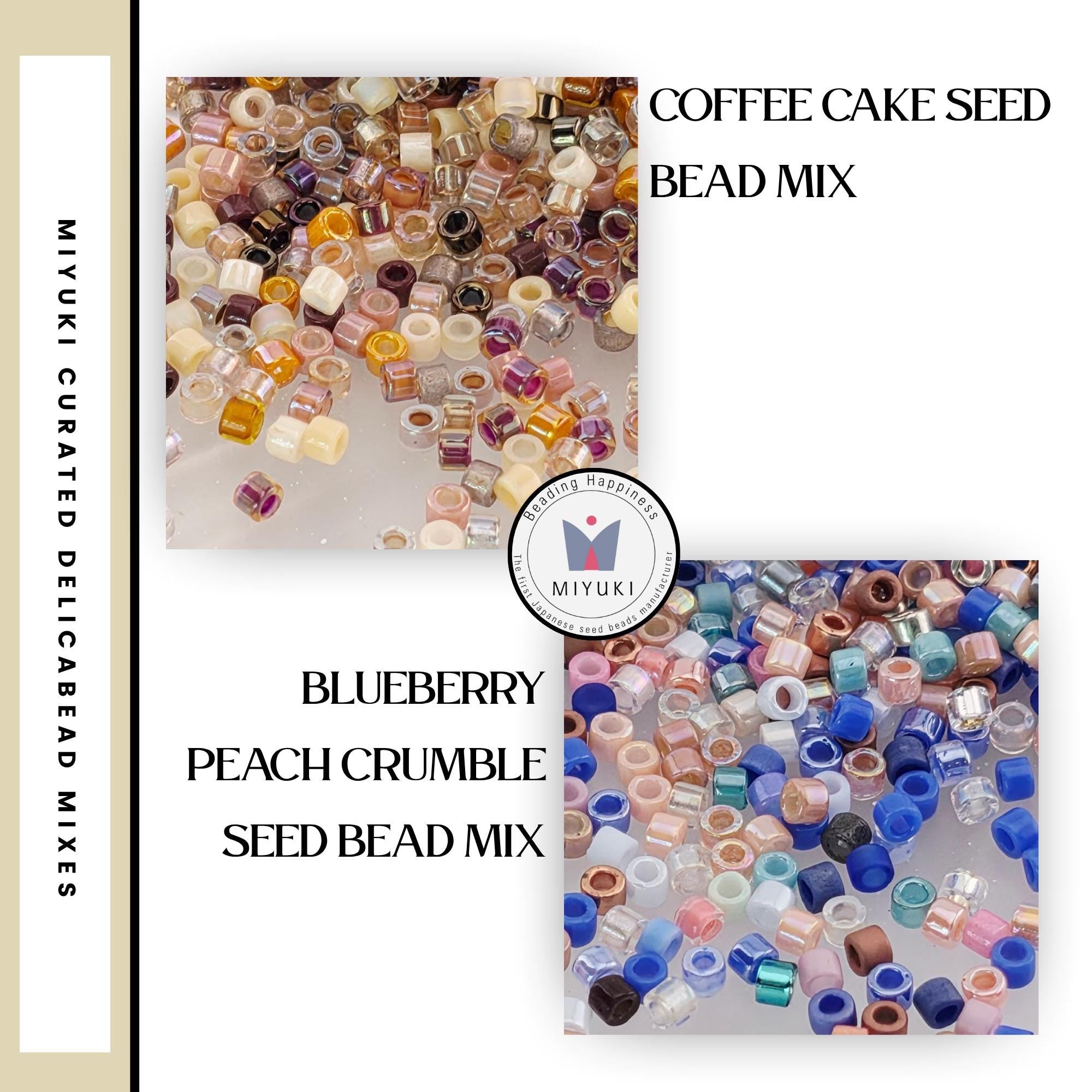 The image is a collage of two images, each containing a variety of colorful beads. The text in the image includes "COFFEE CAKE SEED BEAD MIX" and "MIYUKI DELICATED BEADMIX SEED Bead Mix".