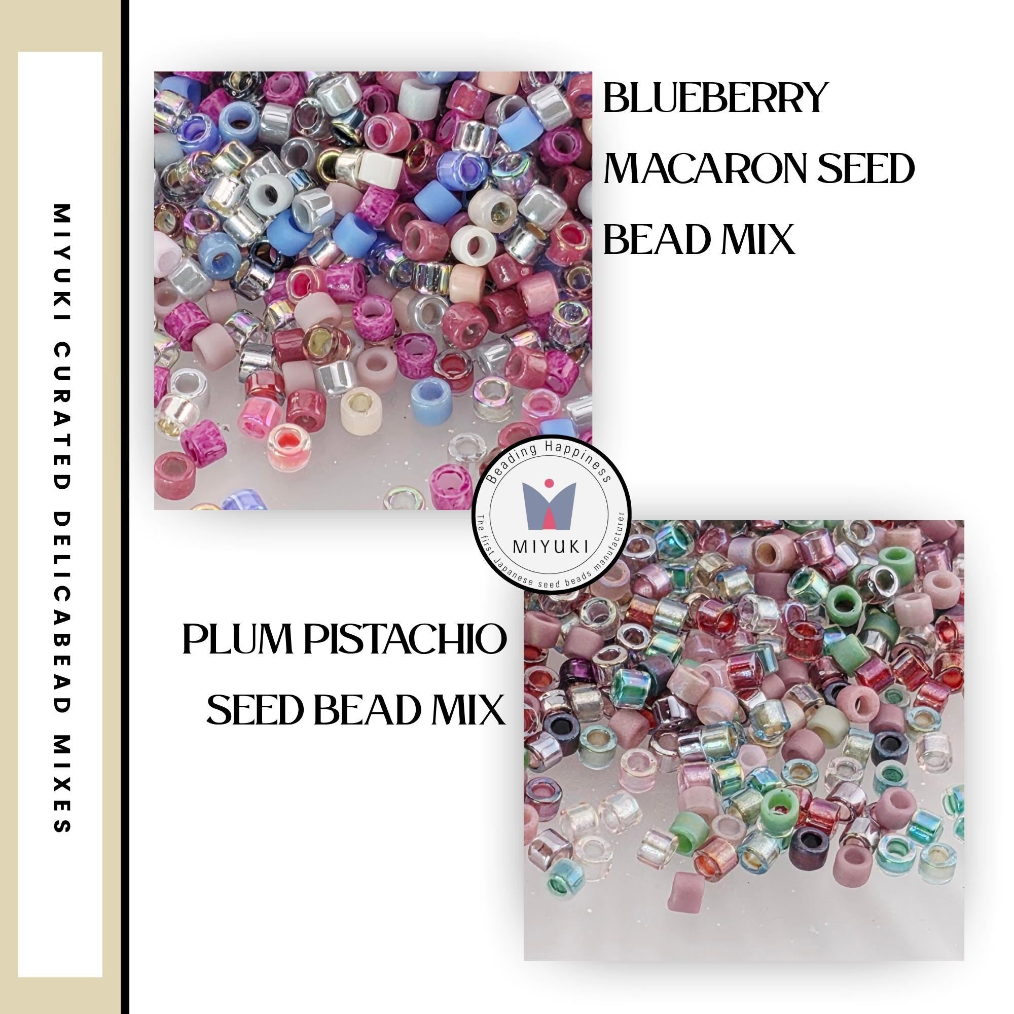 The image is a collage of two images, each containing a variety of colorful beads. The text in the image provides information about the beads, including the names of the beads and the type of bead mix they are associated with.