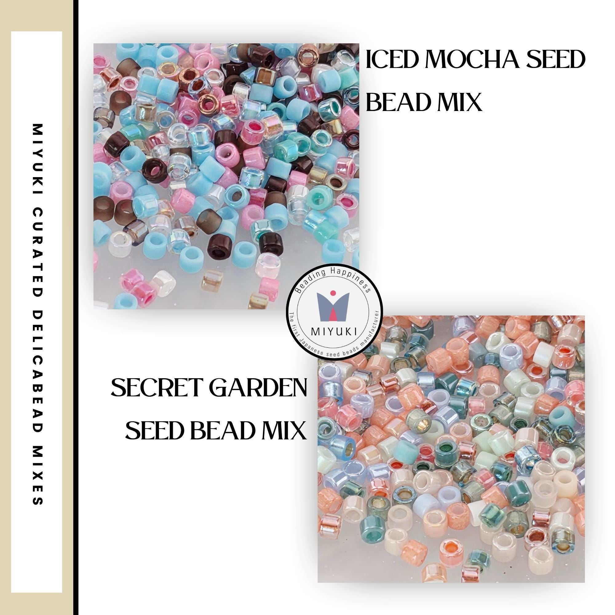 The image is a collage of two images, each containing a variety of colorful beads. The text in the image includes "Iced Mocha Seed Bead Mix", "SECRET GARDEN SEED BEAD MIX", and "Miyuki Curated Delicately Delicately Mixes".