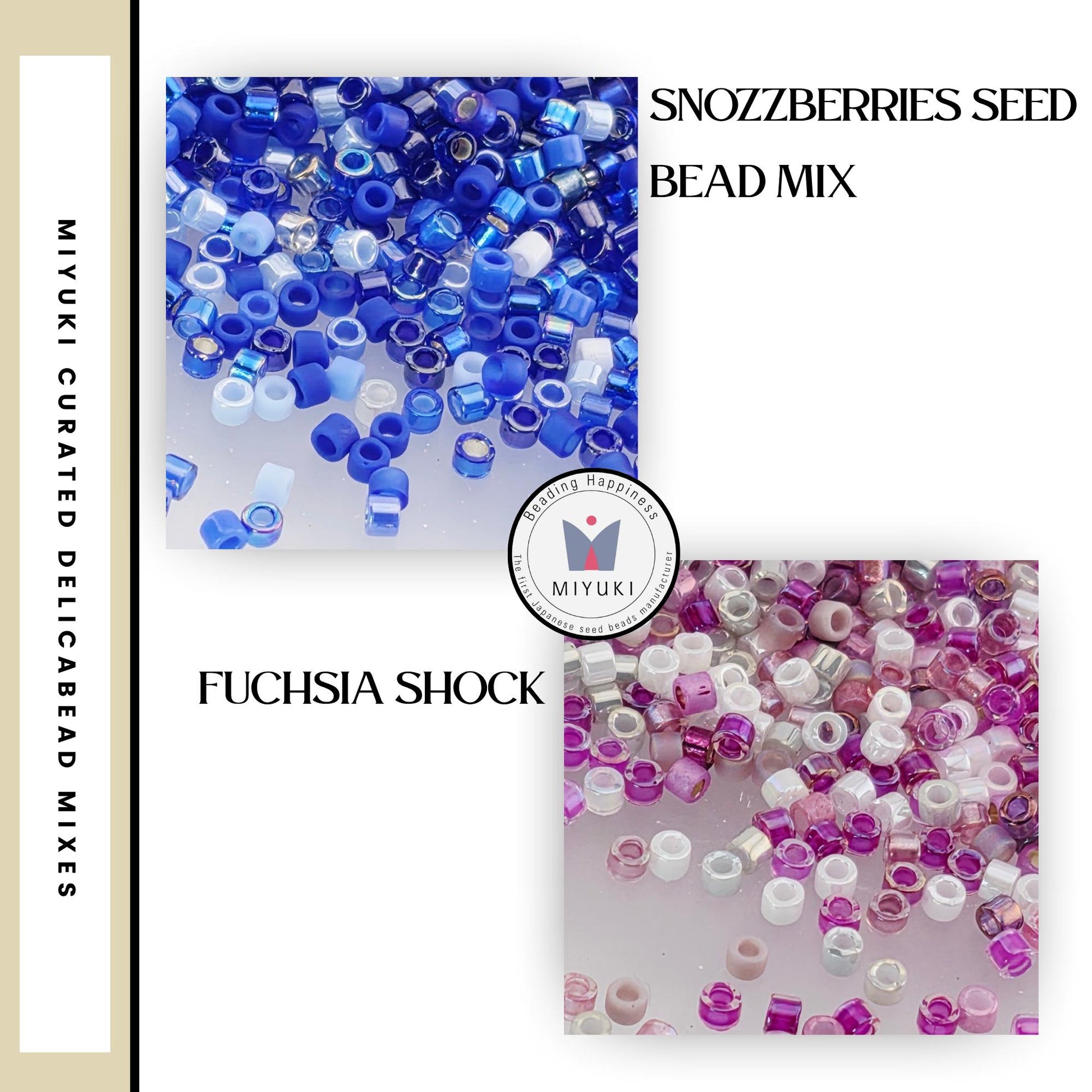 The image is a collage of two images, each containing a variety of beads in different colors, including blue, purple, and pink beads. The text in the image provides information about the beads, such as the beads being seed beads and a bead mix.