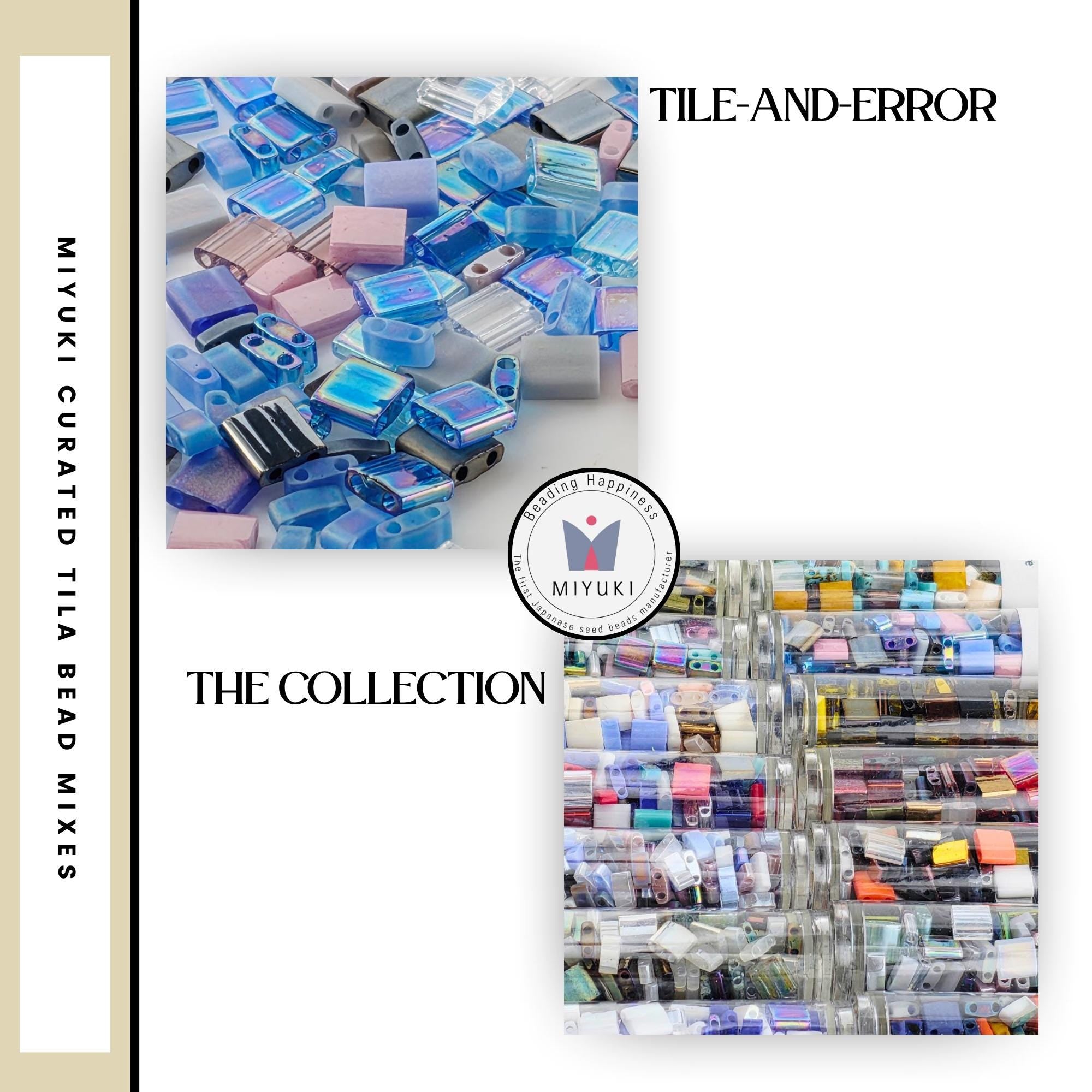 The image is a collage of two images: one showing a pile of colorful glass beads and the other showing a collection of glass beads.