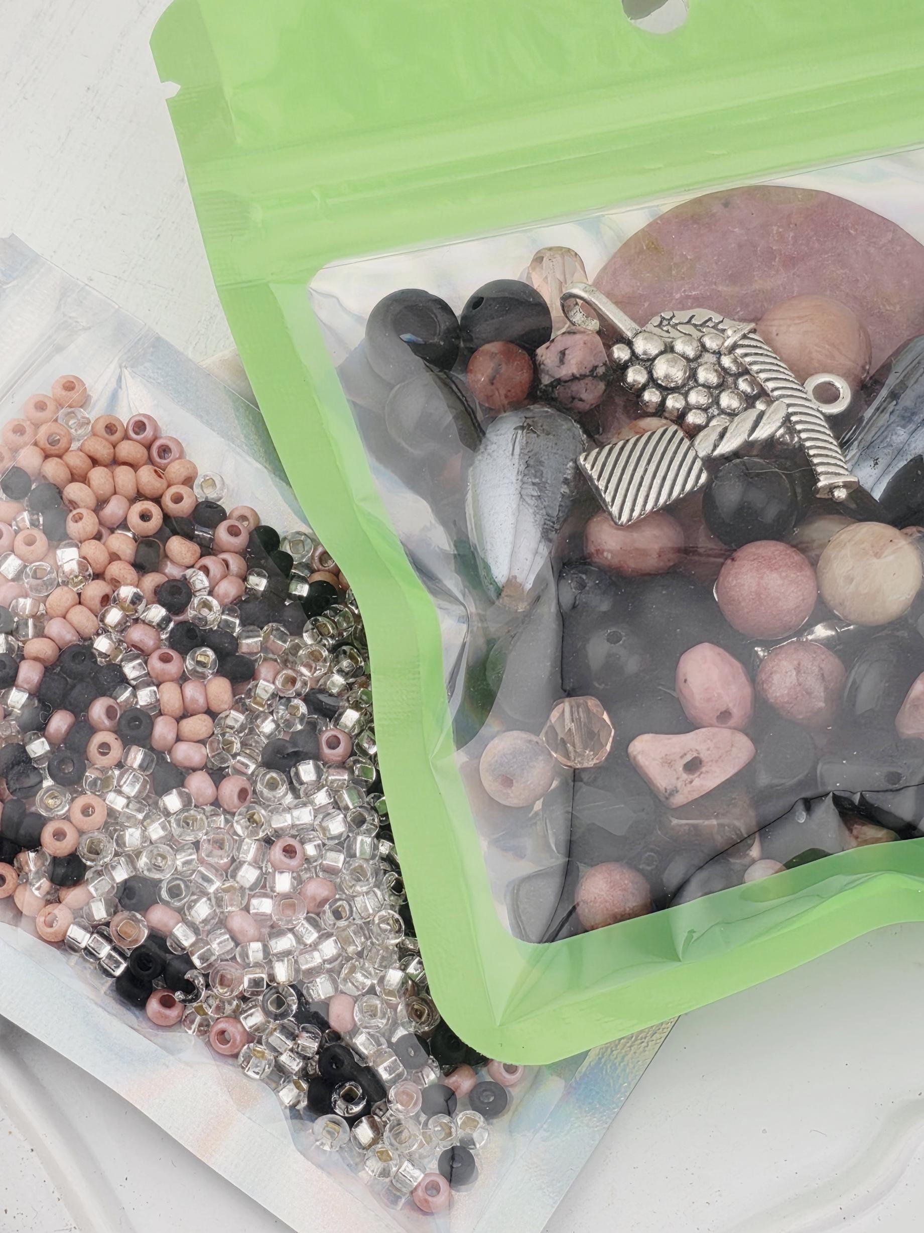 Gemstone Bead Soup Mix: Onyx, Rhodonite & Rose Pink Stones | Jewelry Making Bracelet Supply | Learise Curated Mix