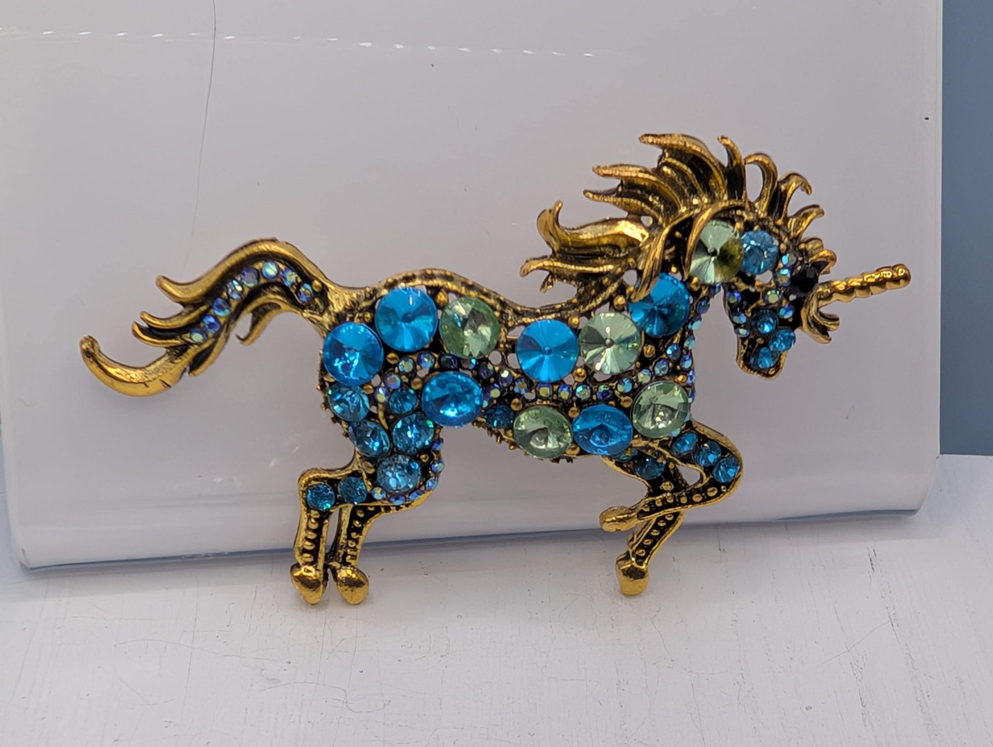 Unicorn Brooch, Gold Plated with Aqua Rhinestones (1.5 inch Pin) | Handmade Pin | Jacket Scarf Hat Accessory | Gift Idea