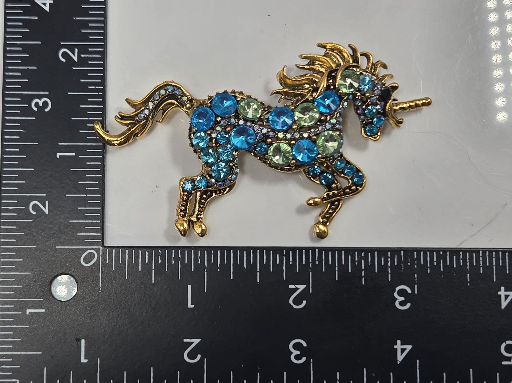 Unicorn Brooch, Gold Plated with Aqua Rhinestones (1.5 inch Pin) | Handmade Pin | Jacket Scarf Hat Accessory | Gift Idea