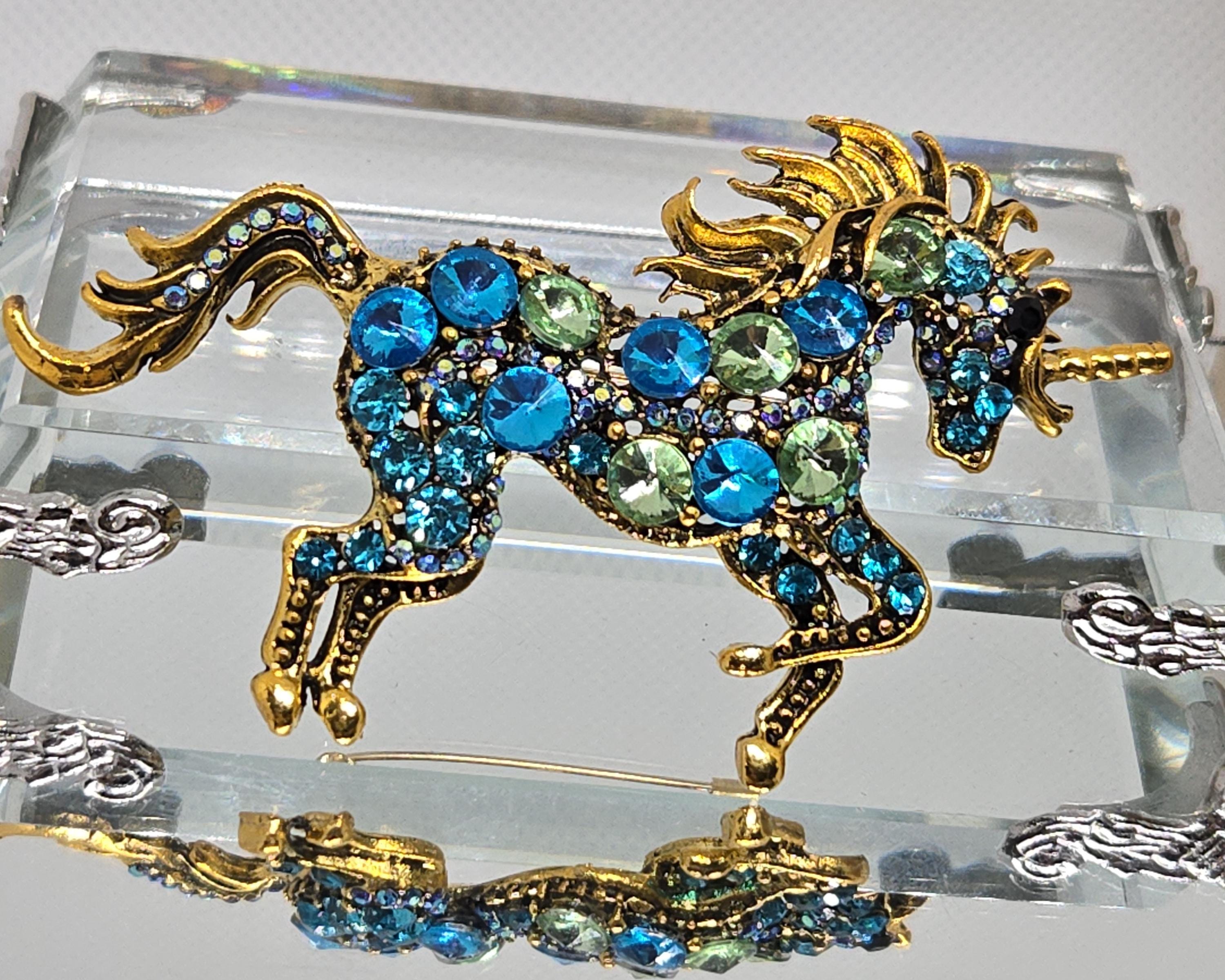 Unicorn Brooch, Gold Plated with Aqua Rhinestones (1.5 inch Pin) | Handmade Pin | Jacket Scarf Hat Accessory | Gift Idea