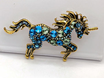 Unicorn Brooch, Gold Plated with Aqua Rhinestones (1.5 inch Pin) | Handmade Pin | Jacket Scarf Hat Accessory | Gift Idea