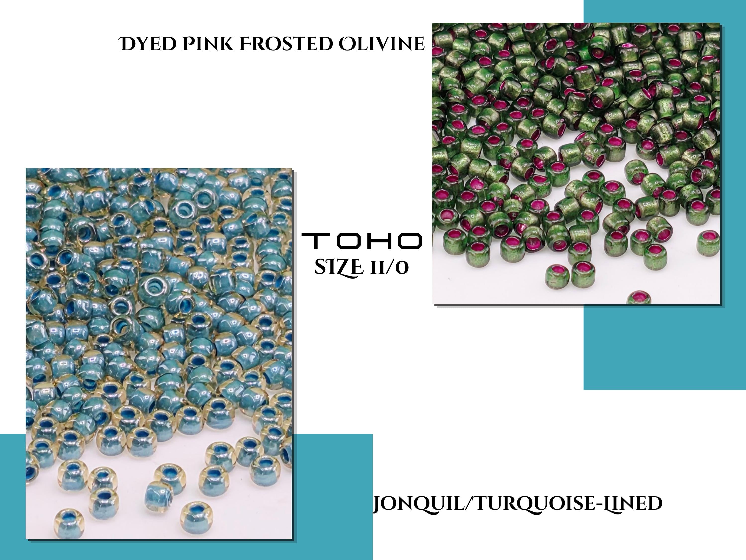 two images of beads, one with a pink frosted olive green color and the other with a turquoise color. The text above the images reads "DYED PINK FROSTED OLIVINE" and "TOHO SIZE 11/0" and "JONQUIL/TURQUOISE-LINED" respectively.