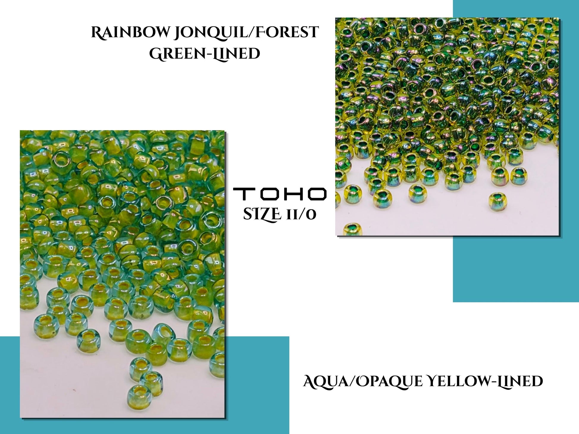 two photographs of green-lined beads, one with a rainbow color and the other with a yellow-lined color. The text indicates that these beads are "Rainbow Jonquil/Forest Green-lined" and "AQUA/OPAQUE YELLOW-LINED" respectively.