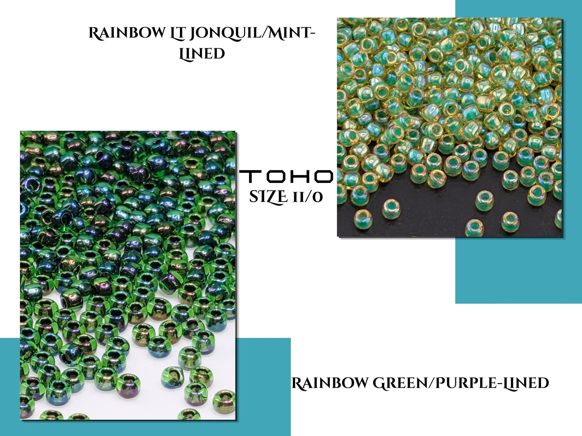 two images: one with a large number of multicolored beads in various shades of green and purple, and the other with a smaller number of beads in a different color scheme.