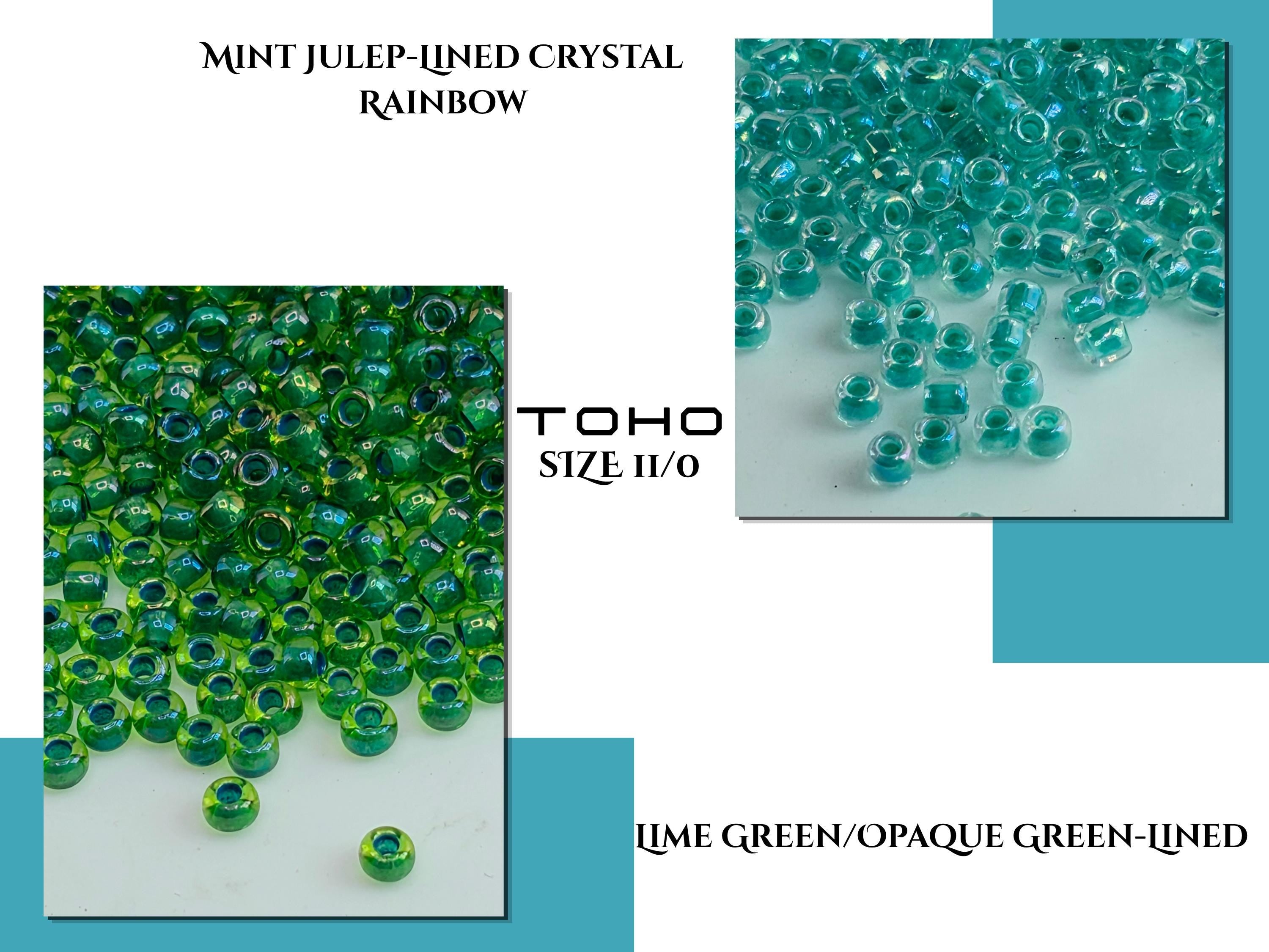 a collage of two photographs. The left photograph shows a large pile of green beads, while the right photograph shows a smaller pile of green beads. The text in the image provides information about the beads, including their size and color.