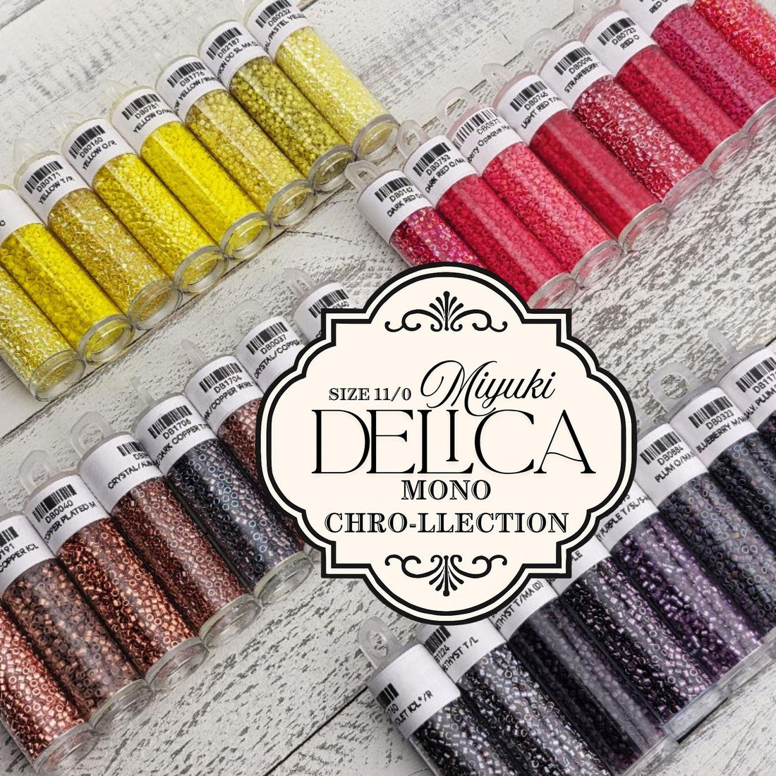 a collection of colorful beads in various sizes, arranged in rows on a wooden surface.