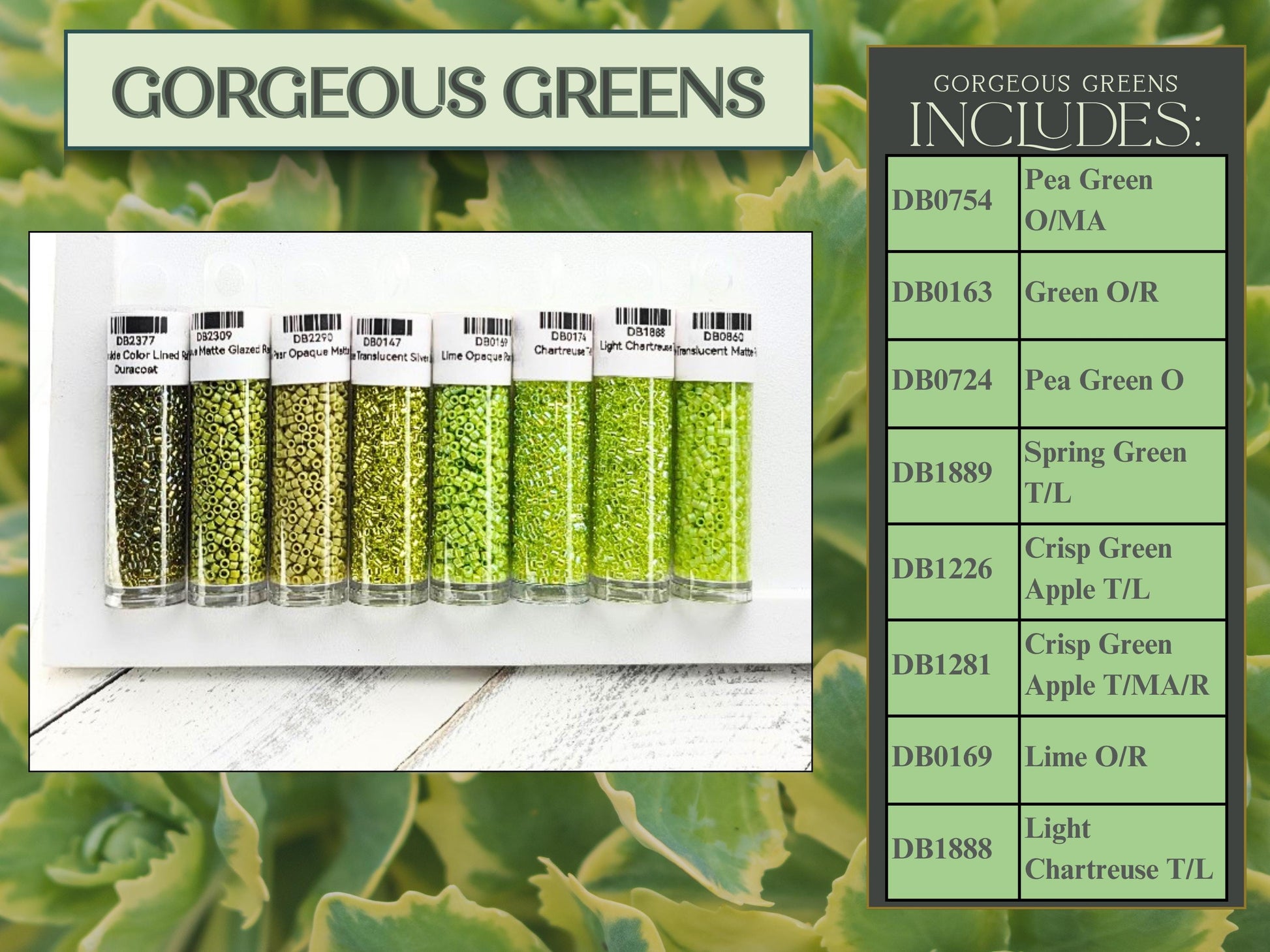 The image is a collage featuring a variety of green colored seeds, including pea, oma, and other types of green seeds, as well as a list of green colored seeds that include pea green, oma green, spring green, crisp green, apple green, lime green, and light green.