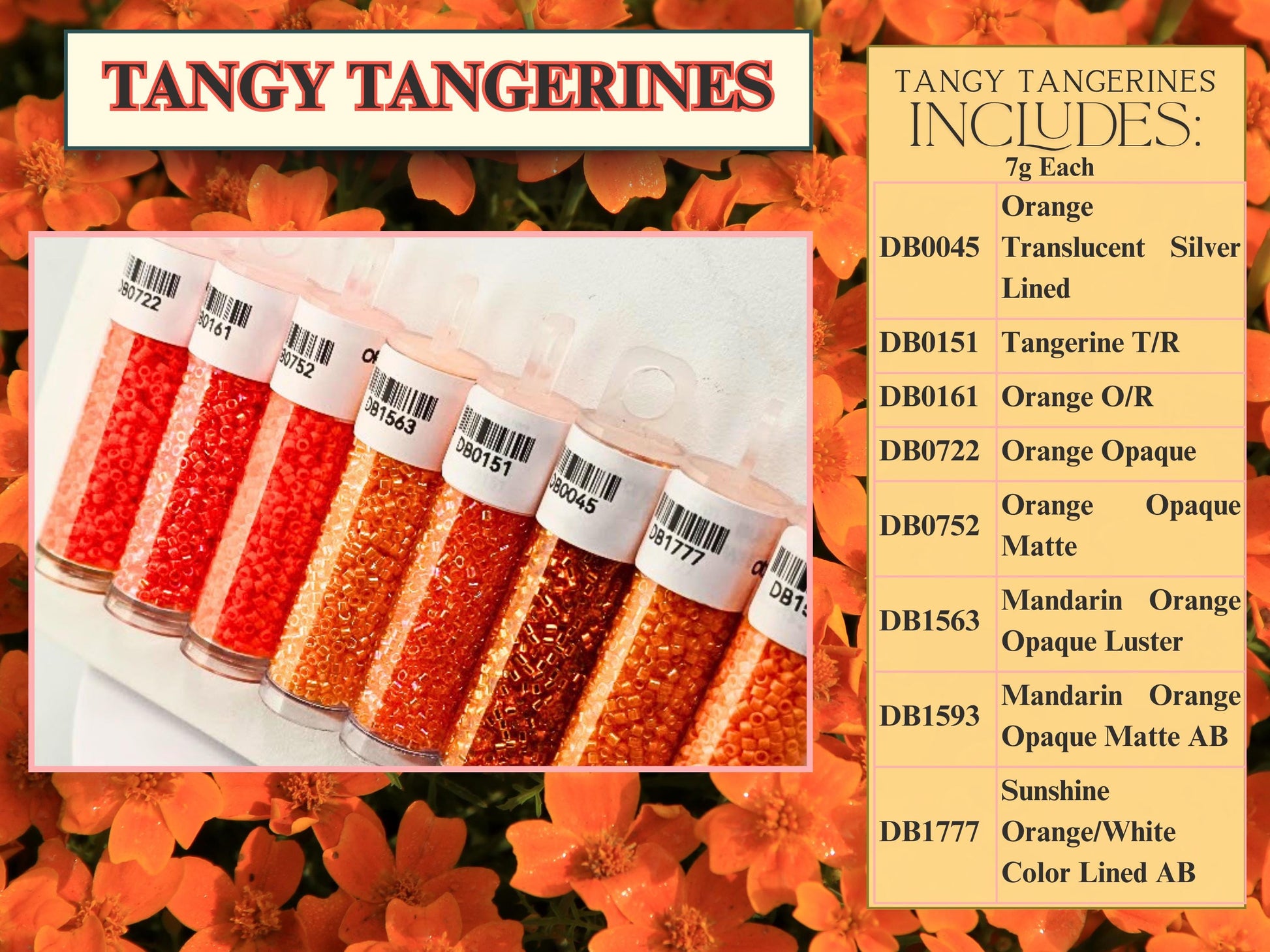 The image is a collage of various colored beads, including orange, silver, and white, arranged in rows. The image also includes a list of different colored beads and their corresponding descriptions.