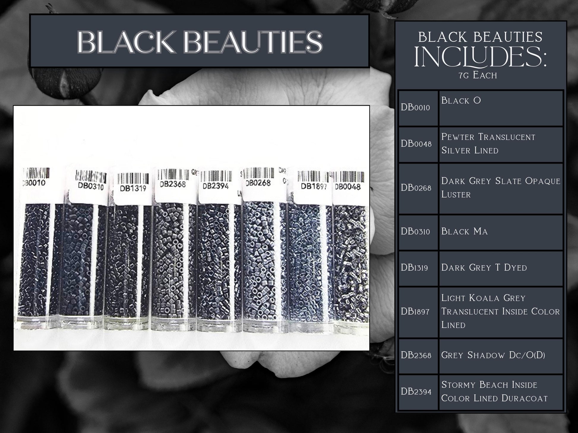 The image is a collage of various black beauty products, including black beads, black makeup, and black jewelry.