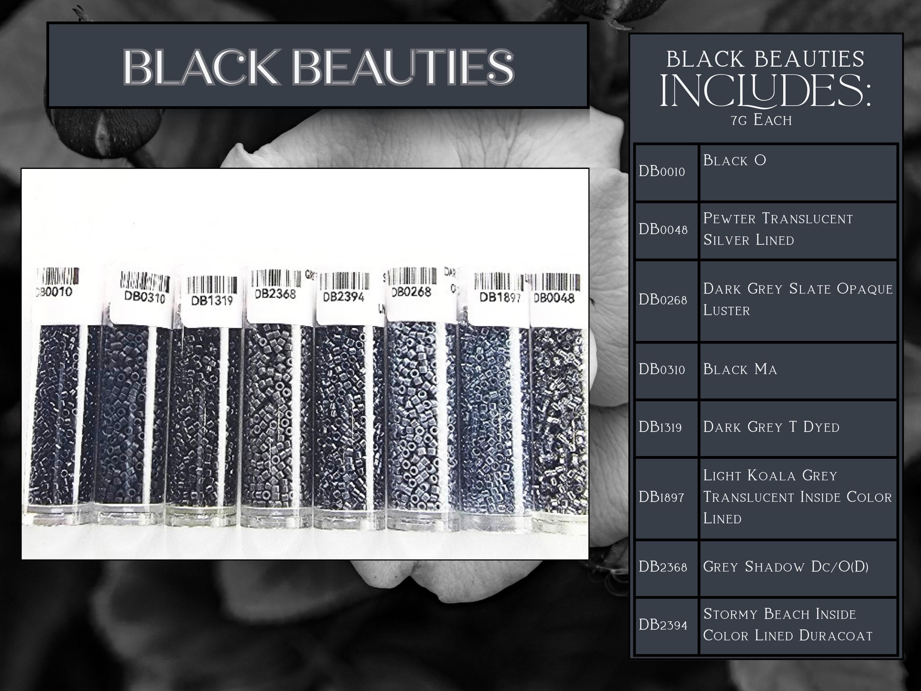 The image is a collage of various black beauty products, including black beads, black makeup, and black jewelry.