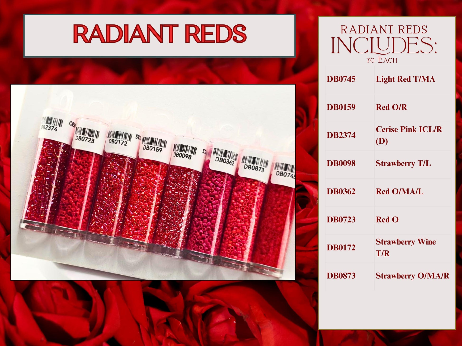 a collection of red beads, each labeled with a different color, arranged in a row. The text above the image reads "RADIANTS" and "RADIANTS INCLUDE 7C EACH".