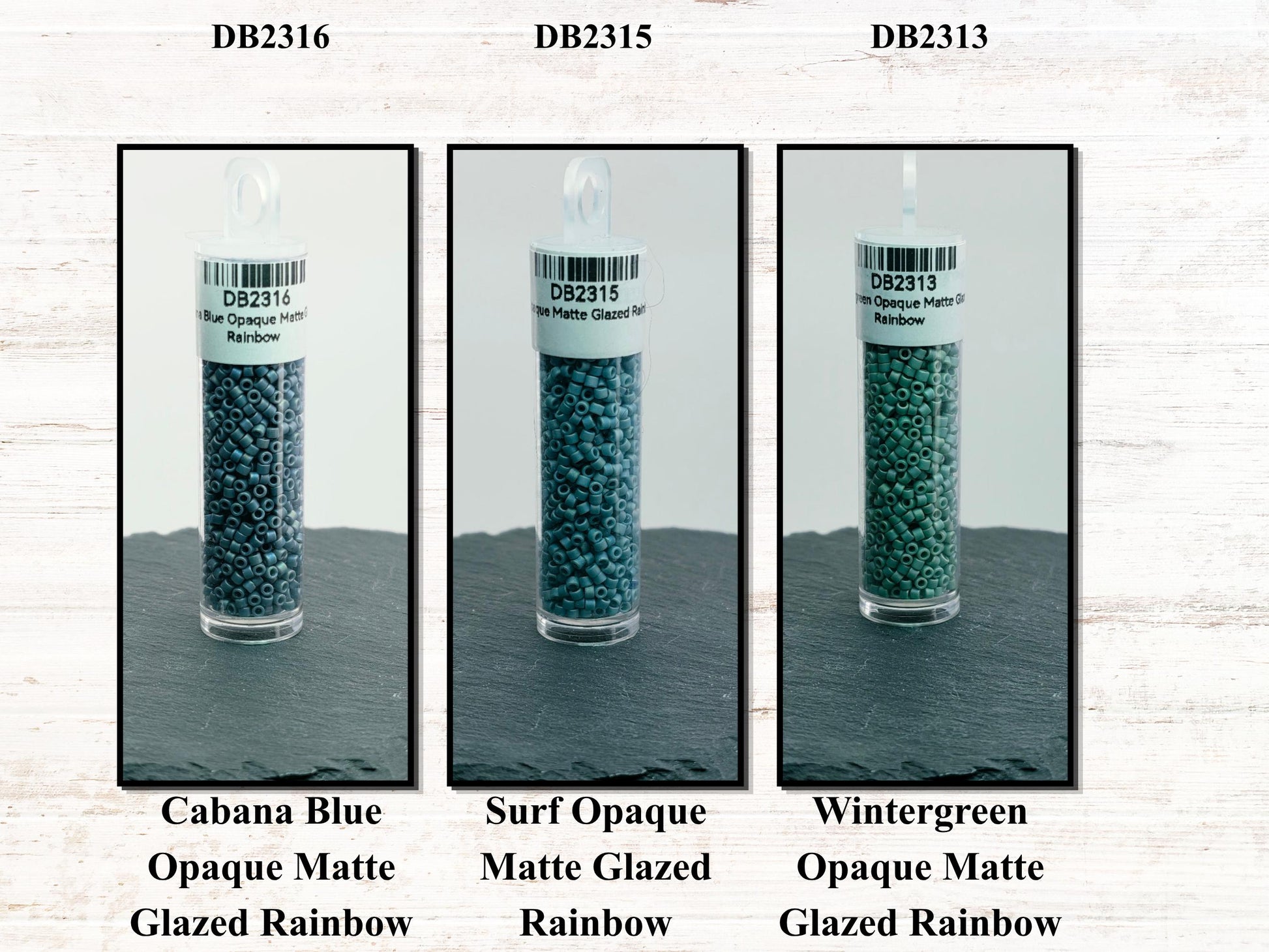 three different colored Opaque beads, each labeled with a different color: Cabana Blue, Surf Opaque, and Glazed Rainbow.