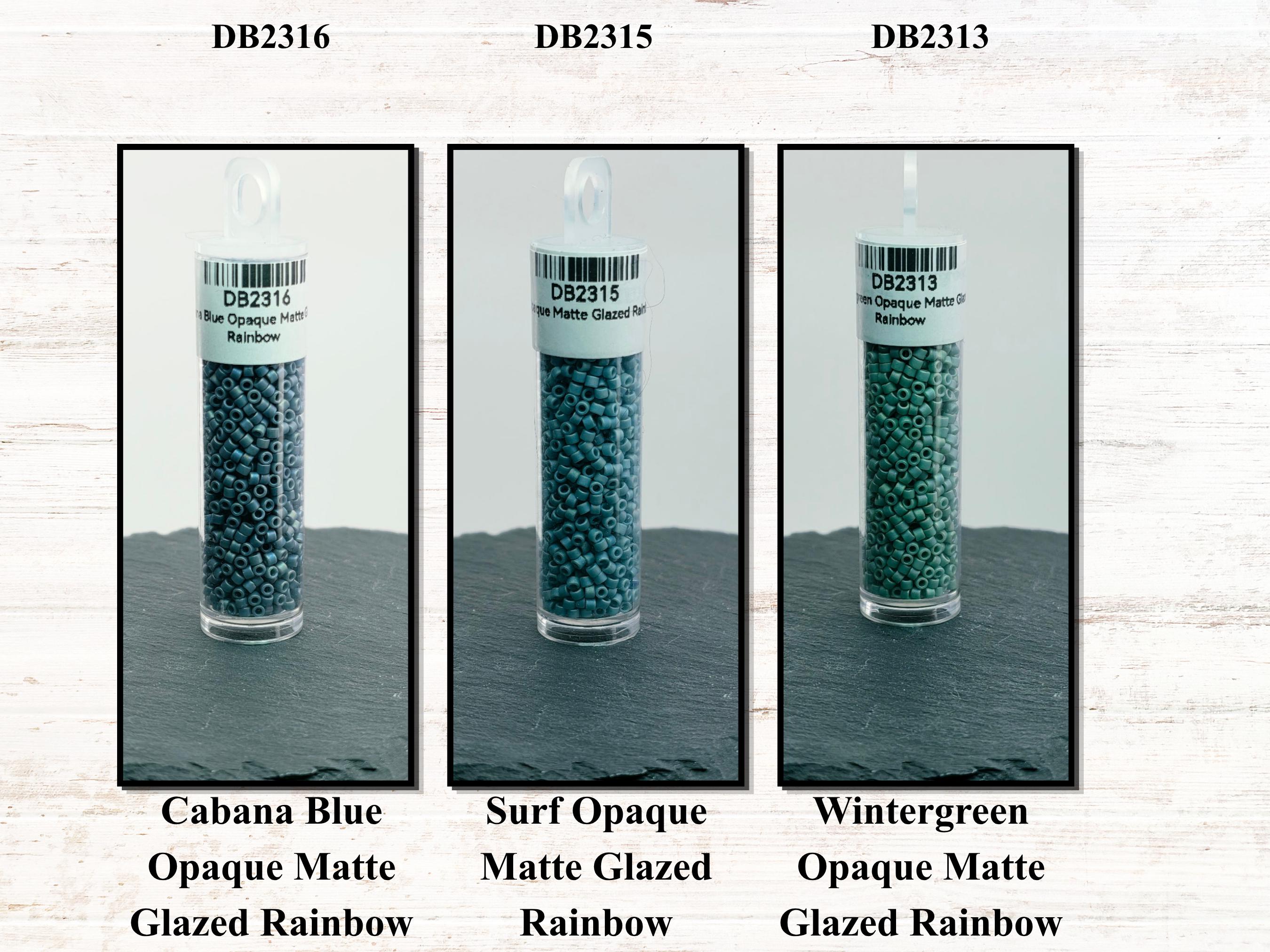 three different colored Opaque beads, each labeled with a different color: Cabana Blue, Surf Opaque, and Glazed Rainbow.