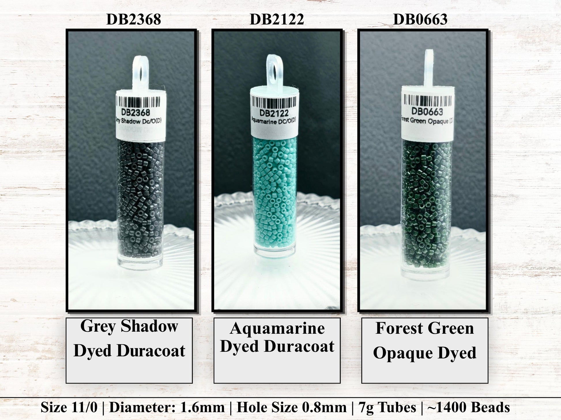 three different types of beads in a row, each with a label indicating the color and size.