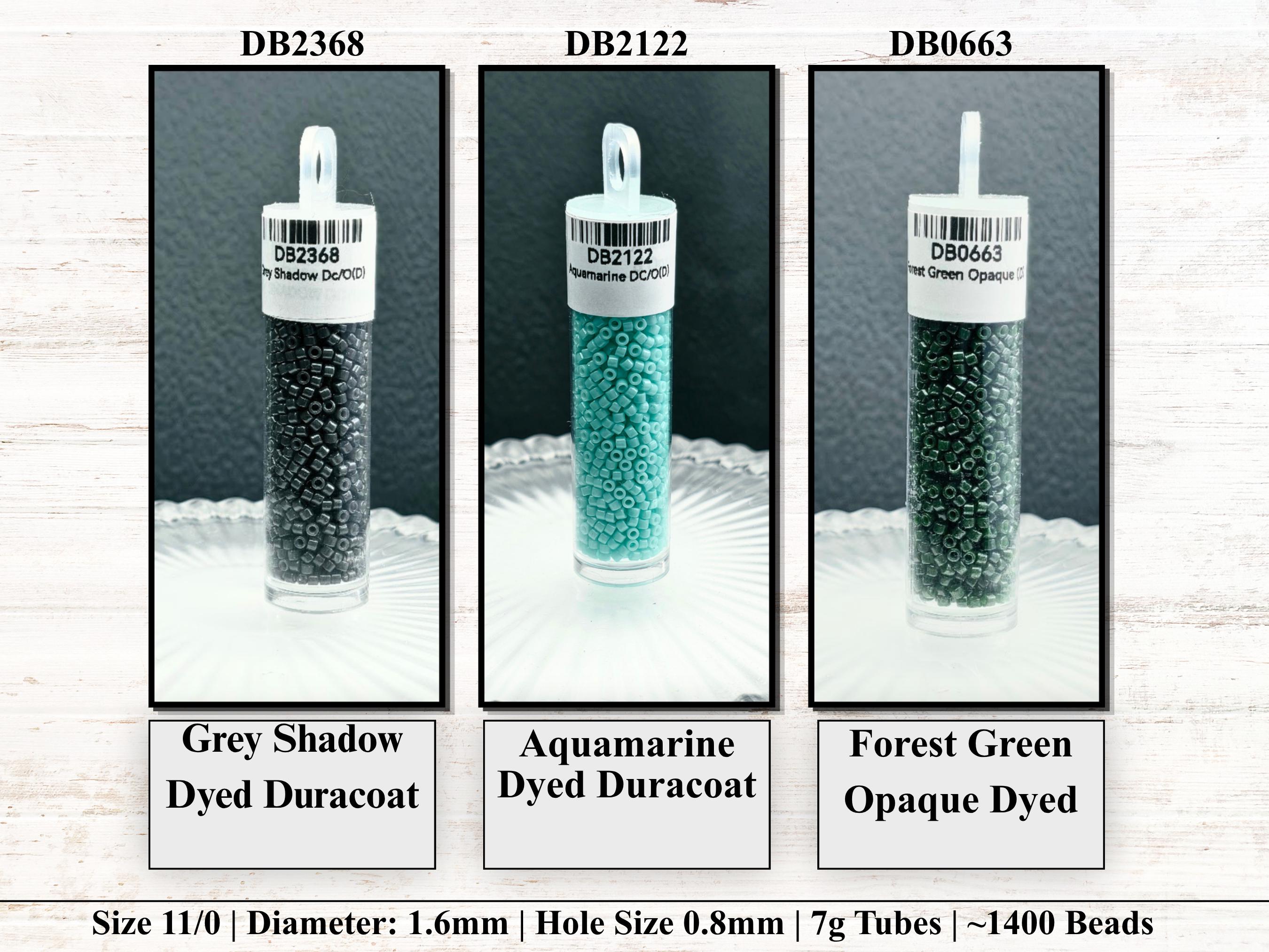 three different types of beads in a row, each with a label indicating the color and size.