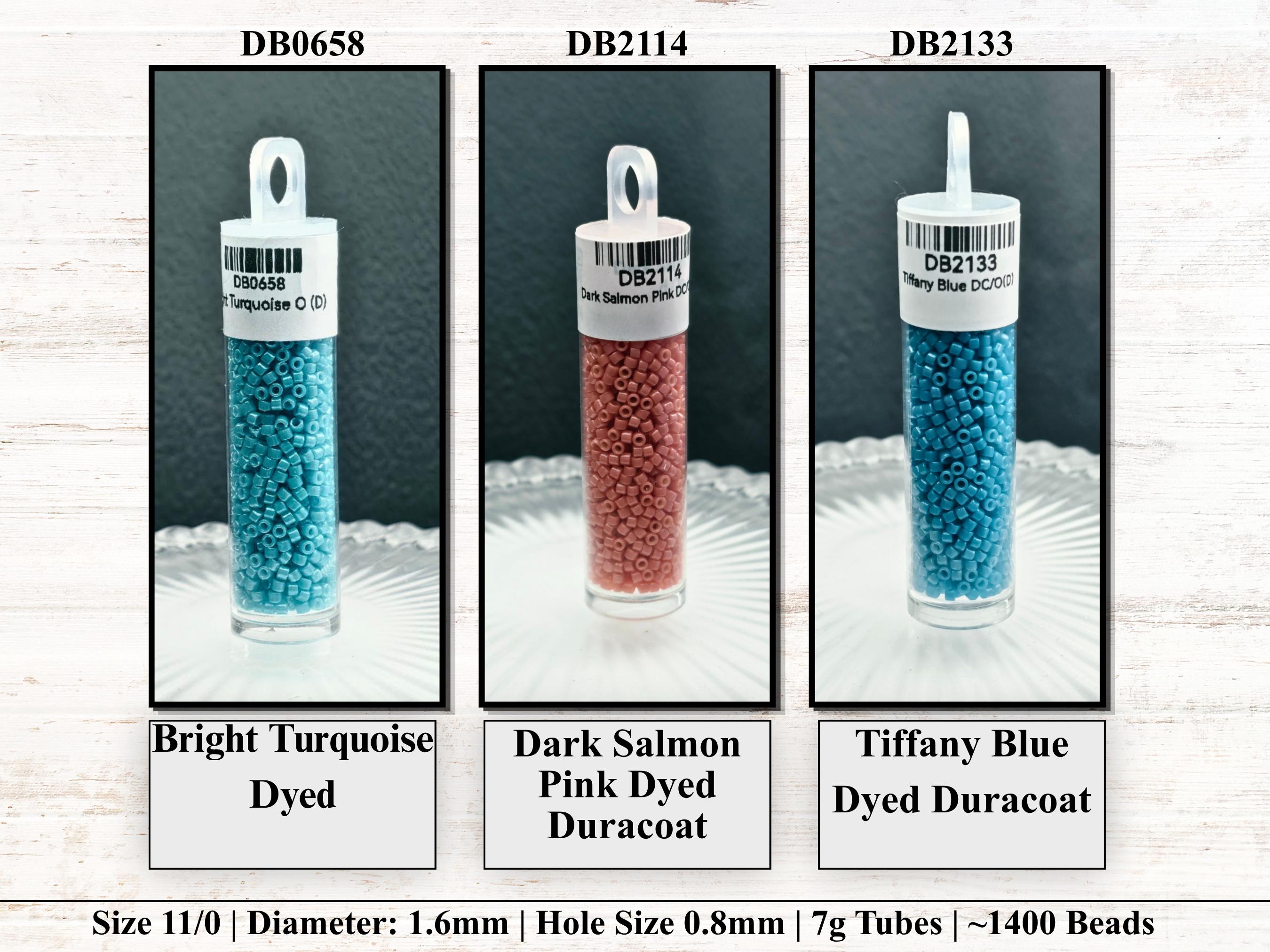 three different types of beads in three separate containers, each with a label indicating the color and size of the beads.