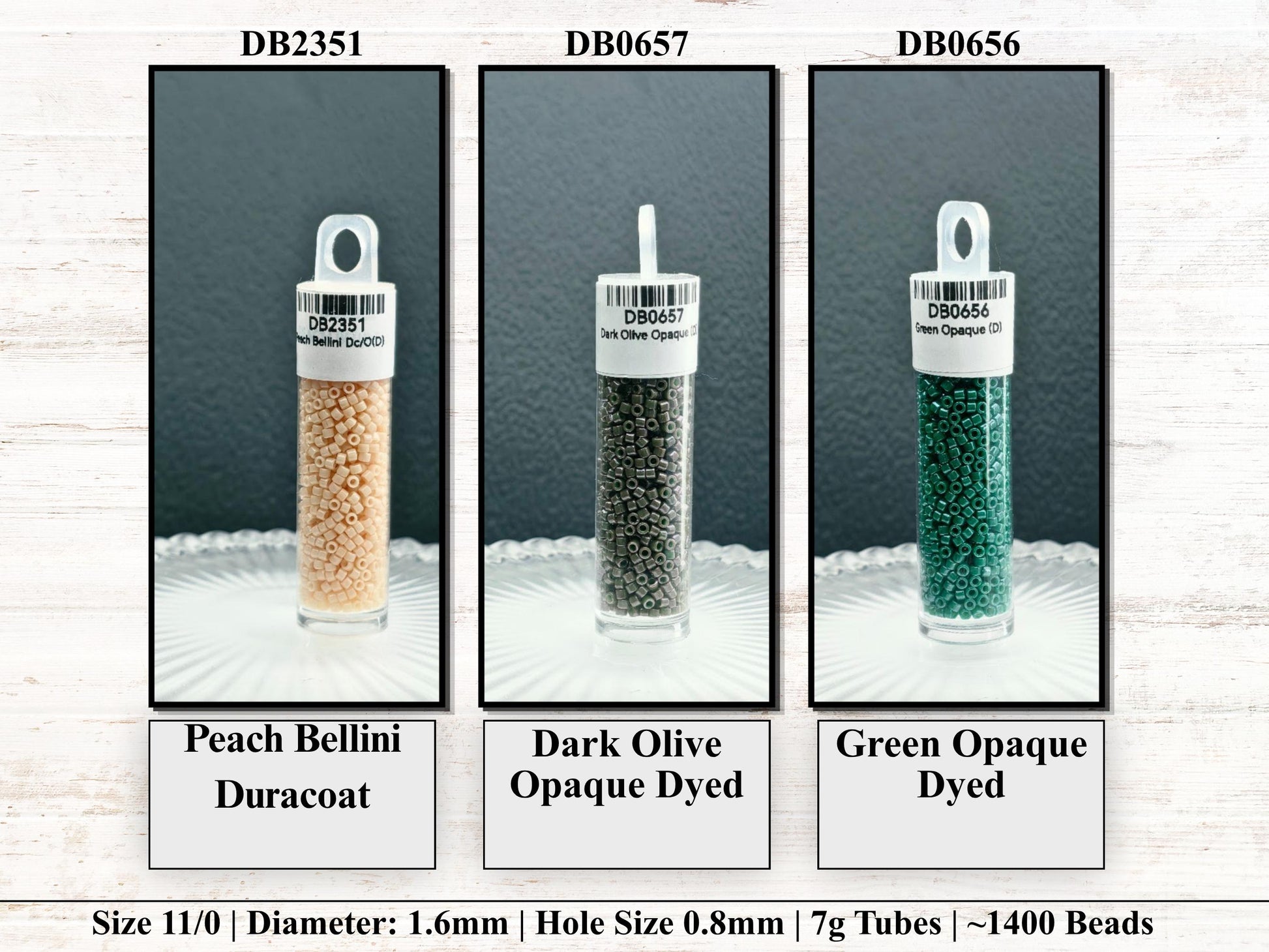 three different types of beads in a row, each with a label indicating the type of bead and its size.