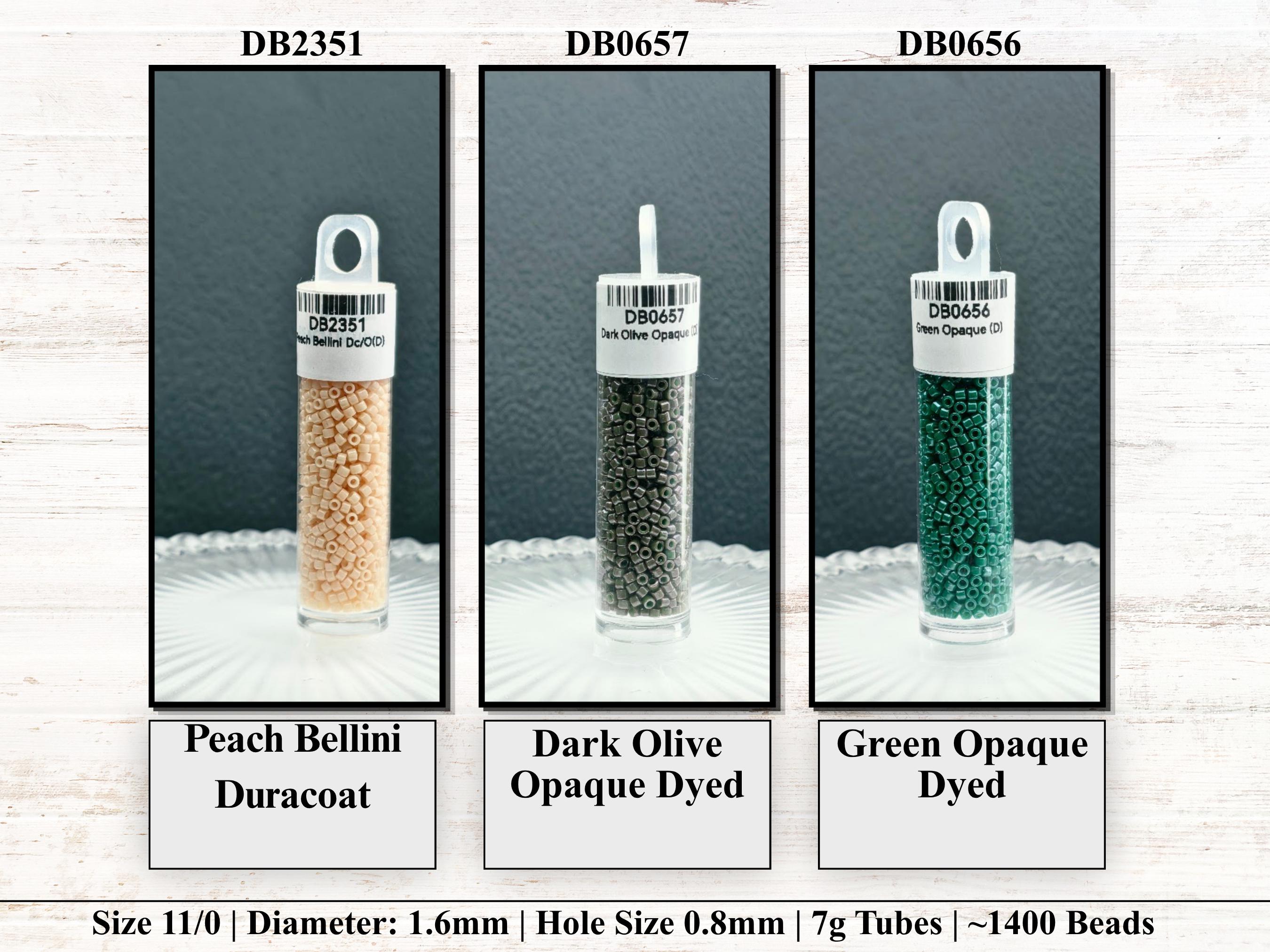 three different types of beads in a row, each with a label indicating the type of bead and its size.