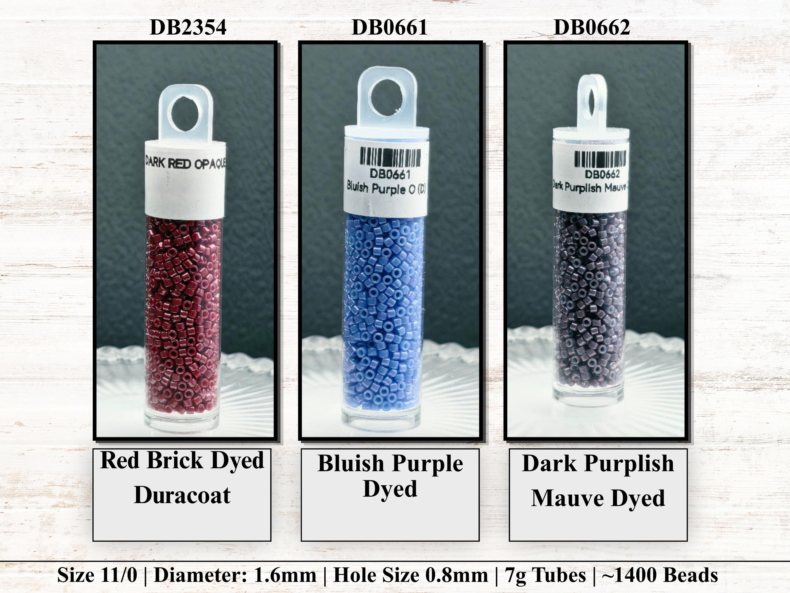 three different types of bead containers, each with a unique color and size. The containers are labeled as "Dark Purple Mauve Dye", "Dark Purple Blush Purple Dye", and "Dark Purple Dye".