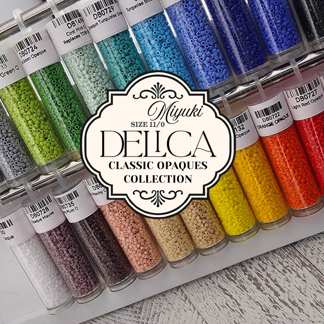 A collection of colorful glass jars filled with various colored beads, arranged on a shelf.