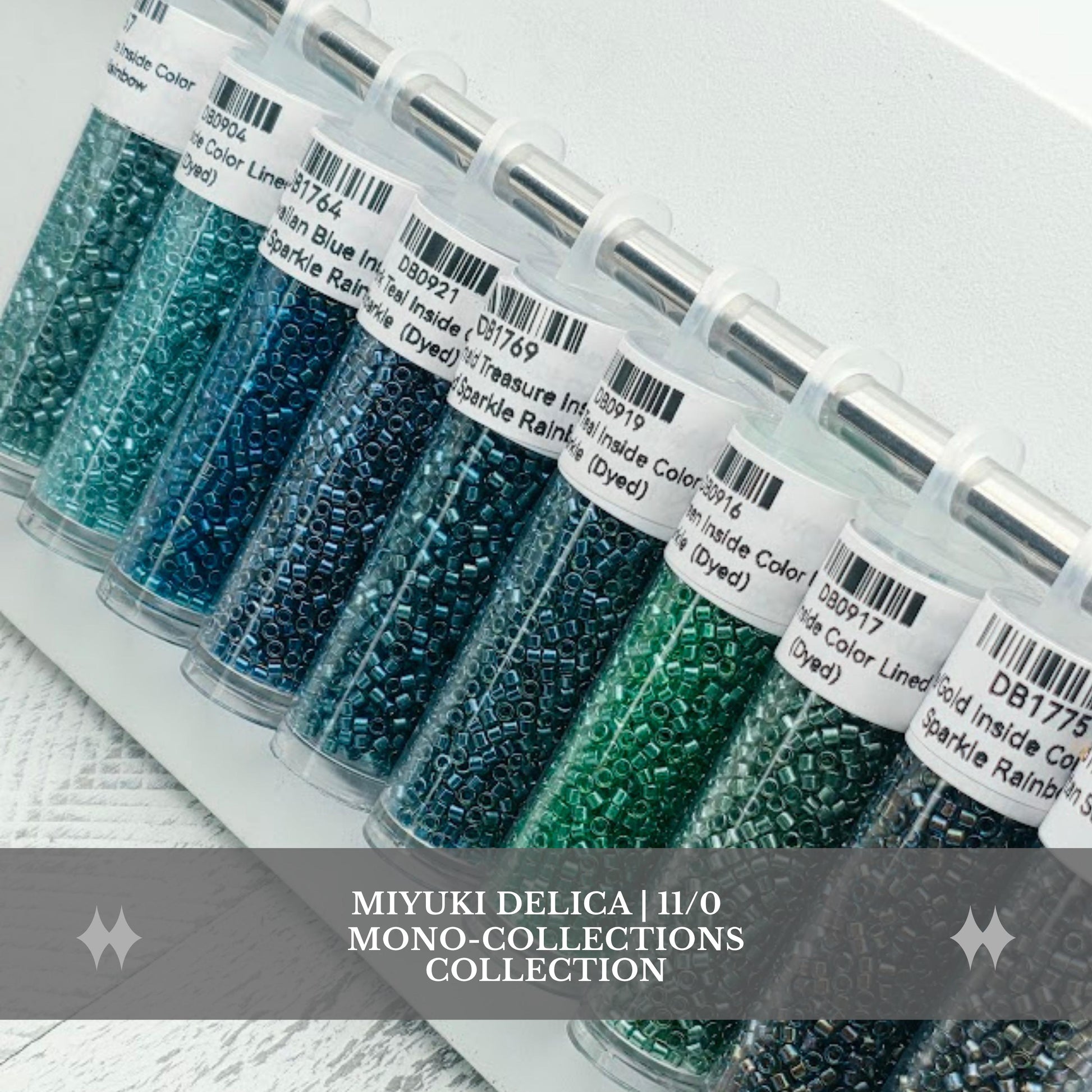 A collection of colorful beads in various shades of blue, green, and black, arranged in rows and labeled with their respective colors.
