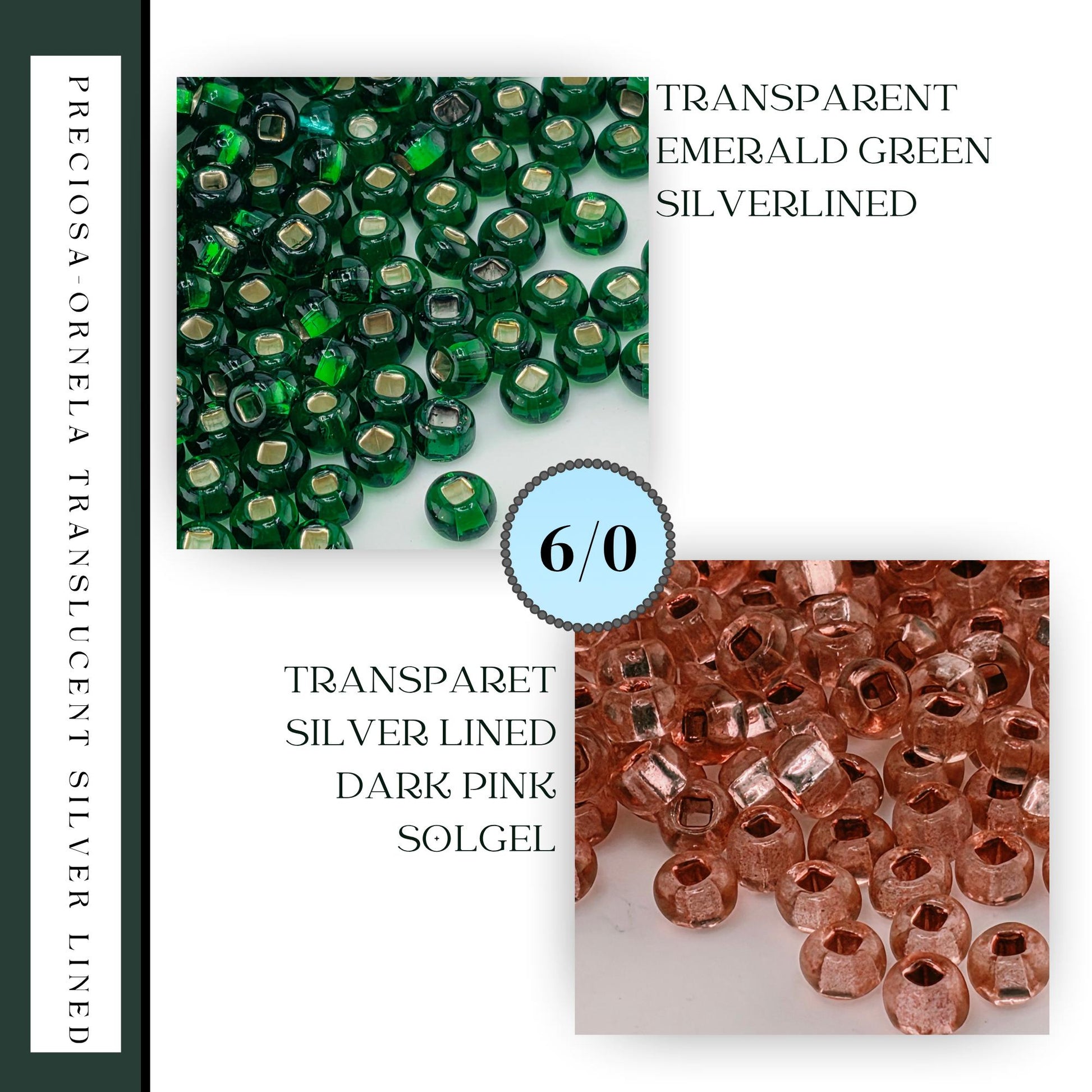 The image is a collage of two images, each showing a different type of bead material: green and silver beads, and red and silver beads.