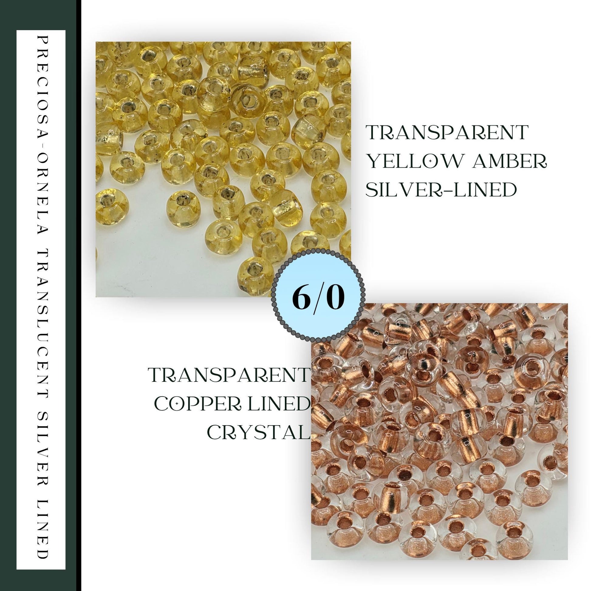The image is a collage of two images, one showing yellow amber beads and the other showing copper-lined crystal beads. The text in the image indicates that the beads are transparent, copper-lined, and crystal-like.