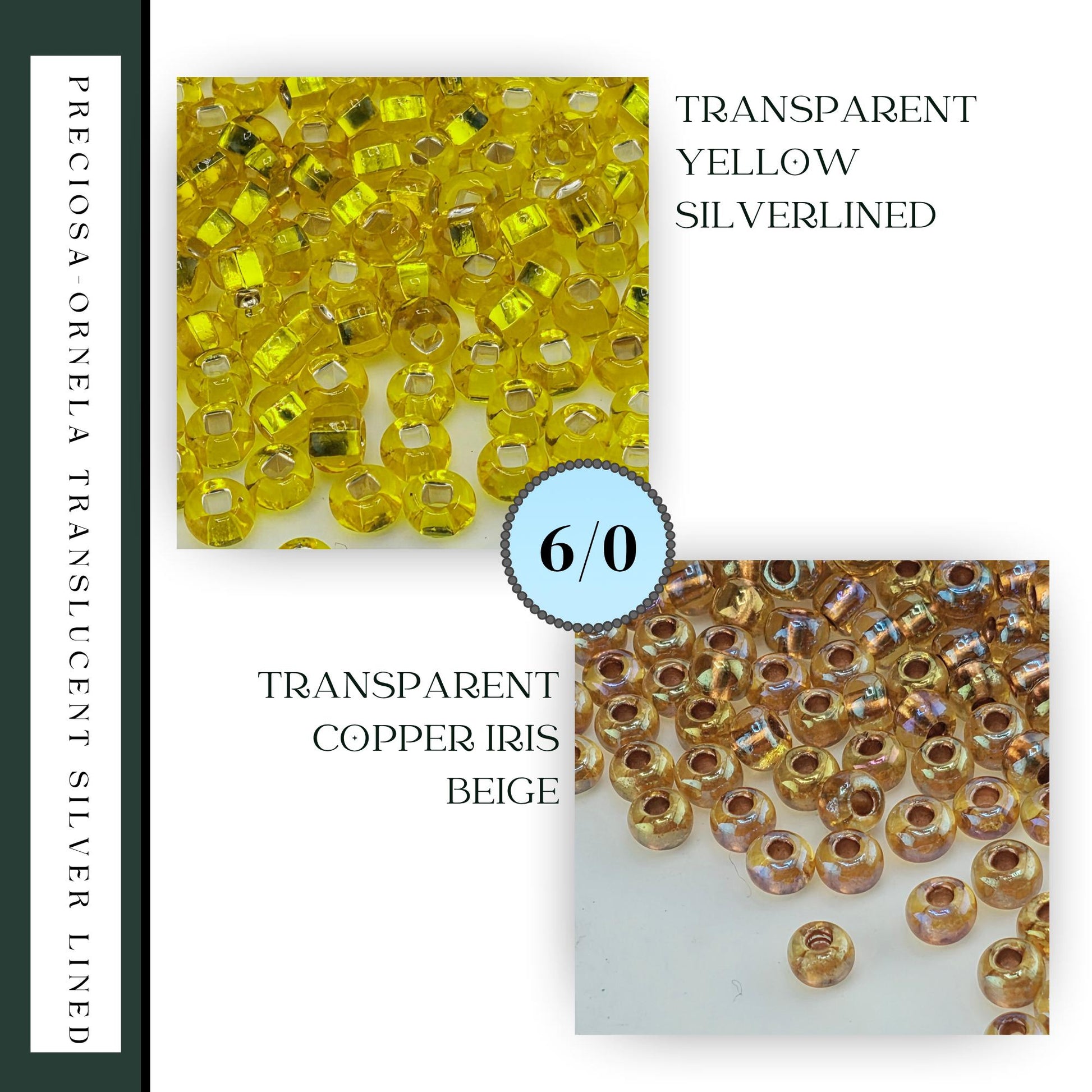 The image is a collage of two images, one showing a pile of yellow beads and the other showing a pile of gold beads. The text in the image indicates that the yellow beads are transparent and the gold beads are silverlined.