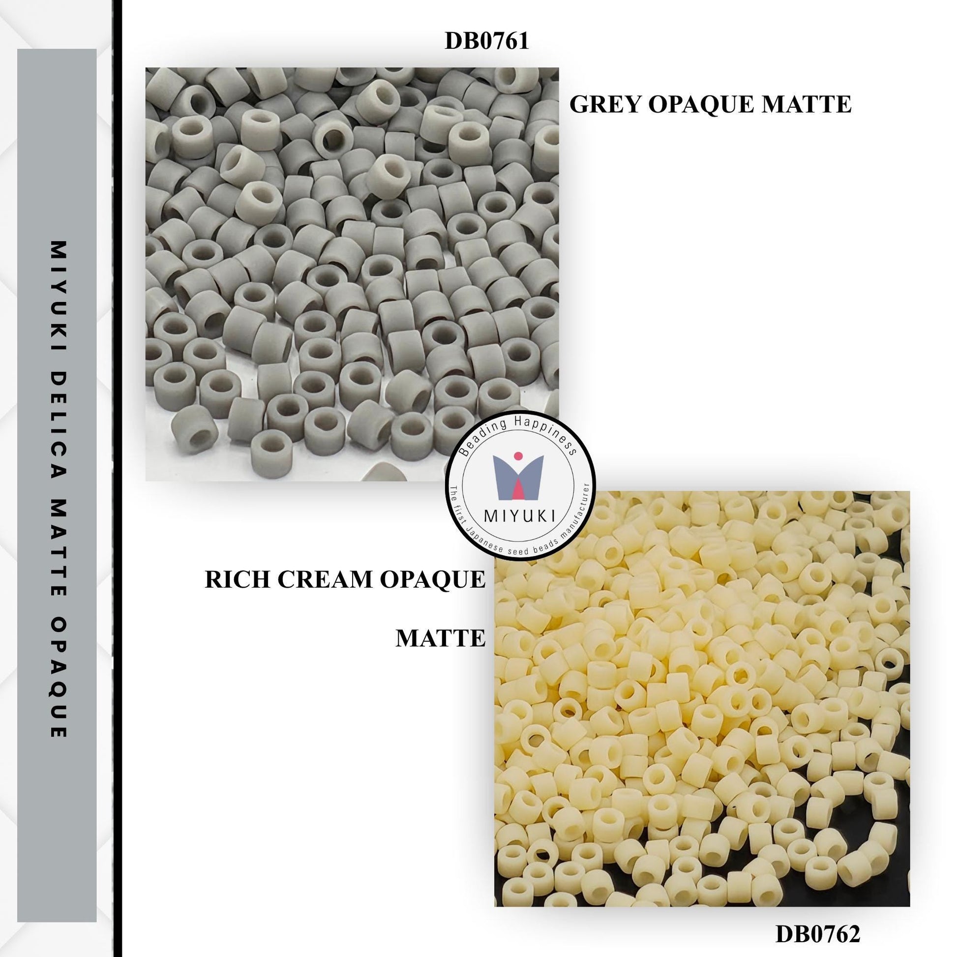 two different types of colored beads or pellets, one grey and one yellow, arranged in separate sections.