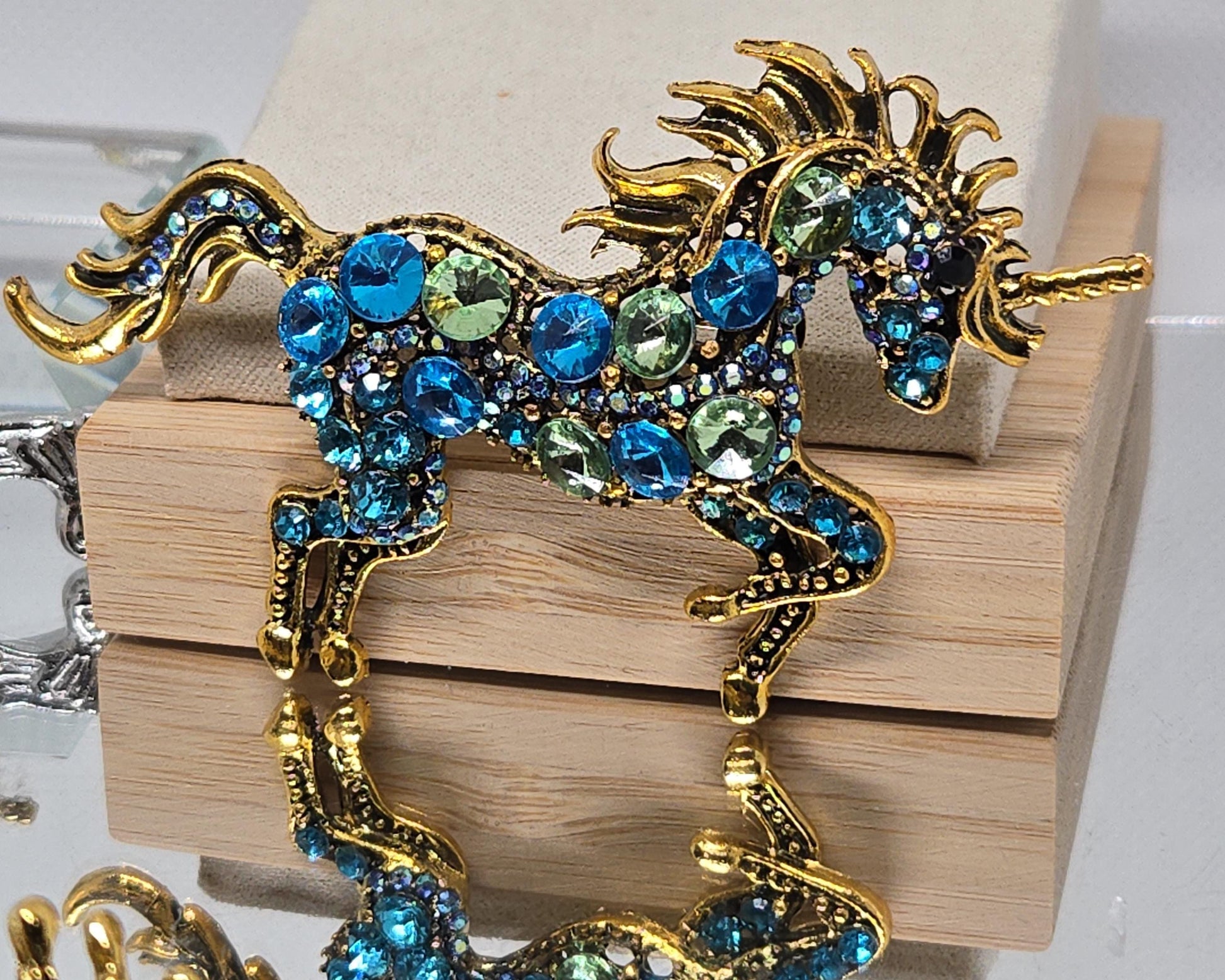 Unicorn Brooch, Gold Plated with Aqua Rhinestones (1.5 inch Pin) | Handmade Pin | Jacket Scarf Hat Accessory | Gift Idea