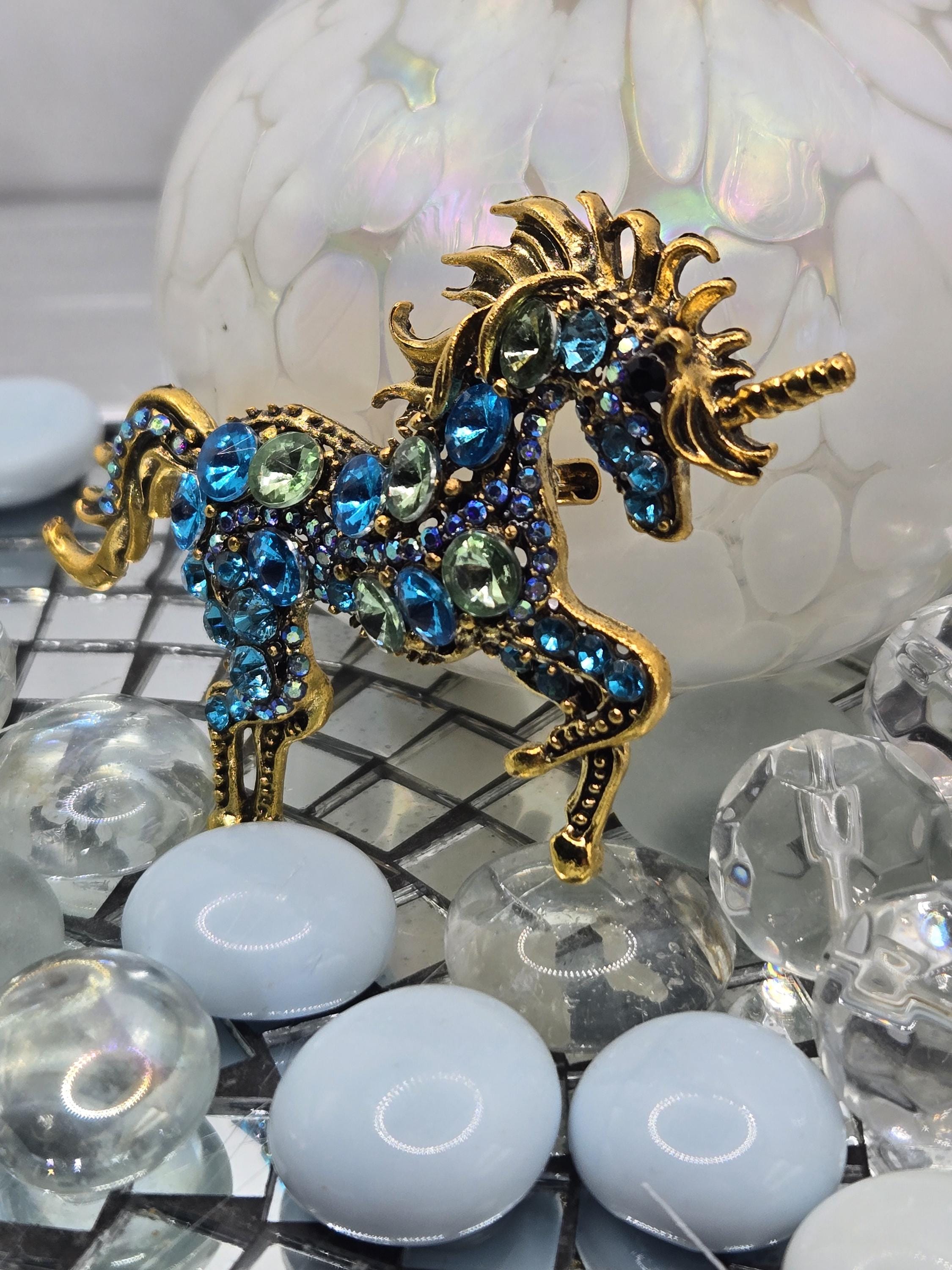 Unicorn Brooch, Gold Plated with Aqua Rhinestones (1.5 inch Pin) | Handmade Pin | Jacket Scarf Hat Accessory | Gift Idea