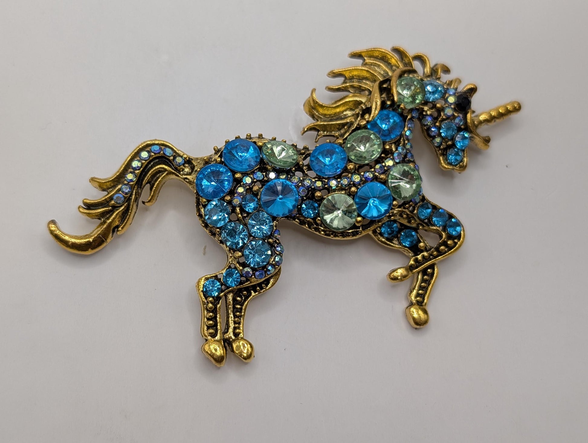 Unicorn Brooch, Gold Plated with Aqua Rhinestones (1.5 inch Pin) | Handmade Pin | Jacket Scarf Hat Accessory | Gift Idea