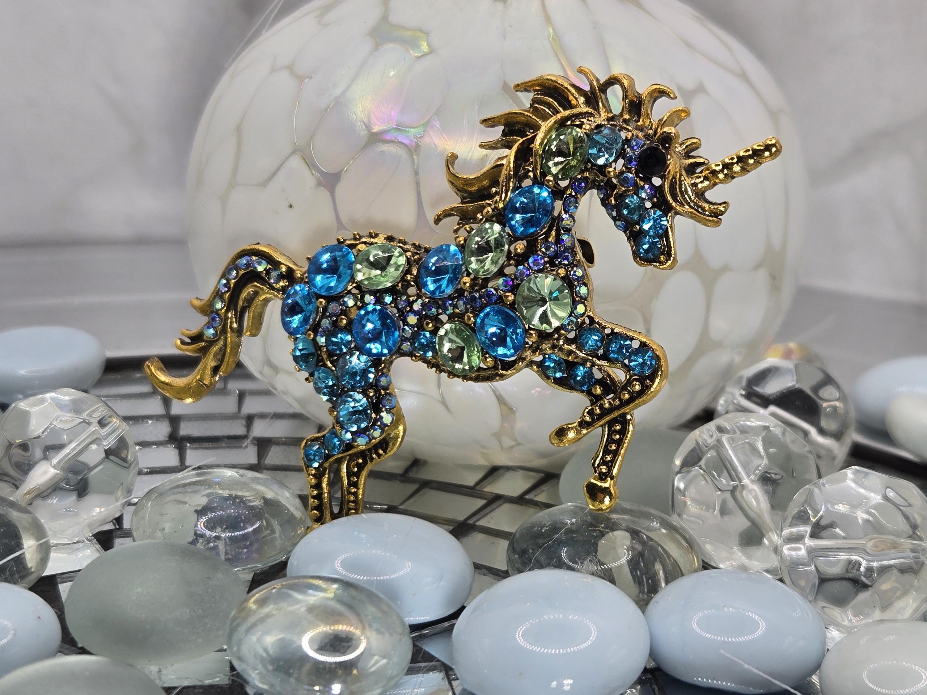Unicorn Brooch, Gold Plated with Aqua Rhinestones (1.5 inch Pin) | Handmade Pin | Jacket Scarf Hat Accessory | Gift Idea