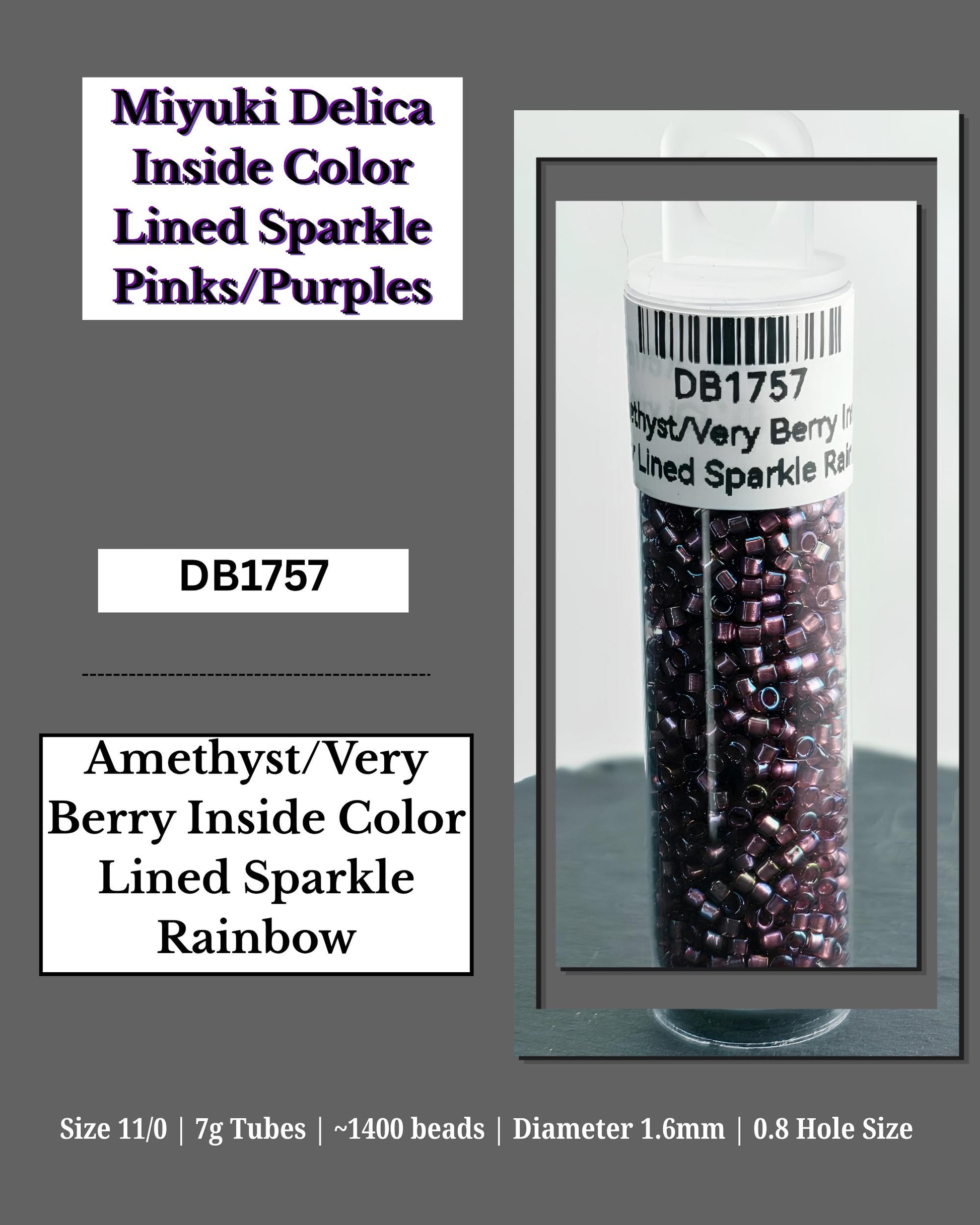 The image is a collage of two images. The top image shows a tube of beads labeled "Miyuki Delica Inside Color Lined Sparkle Pinks/Purples", while the bottom image displays a tube of beads labeled "Amethyst/Very Berry Inside Color Lined Sparkle Rainbow". The image contains text describing the contents and dimensions of the beads, as well as the hole size.