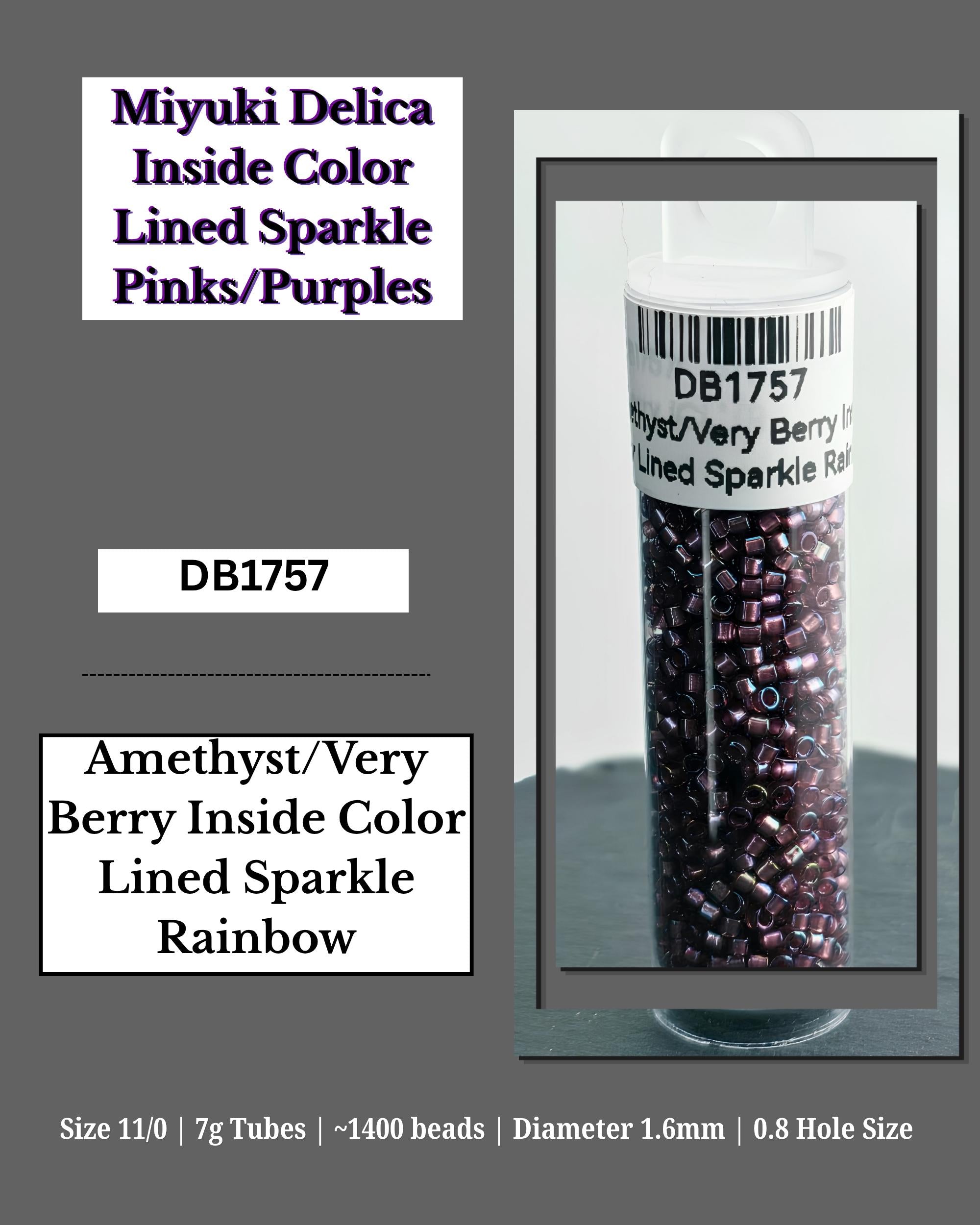 The image is a collage of two images. The top image shows a tube of beads labeled "Miyuki Delica Inside Color Lined Sparkle Pinks/Purples", while the bottom image displays a tube of beads labeled "Amethyst/Very Berry Inside Color Lined Sparkle Rainbow". The image contains text describing the contents and dimensions of the beads, as well as the hole size.