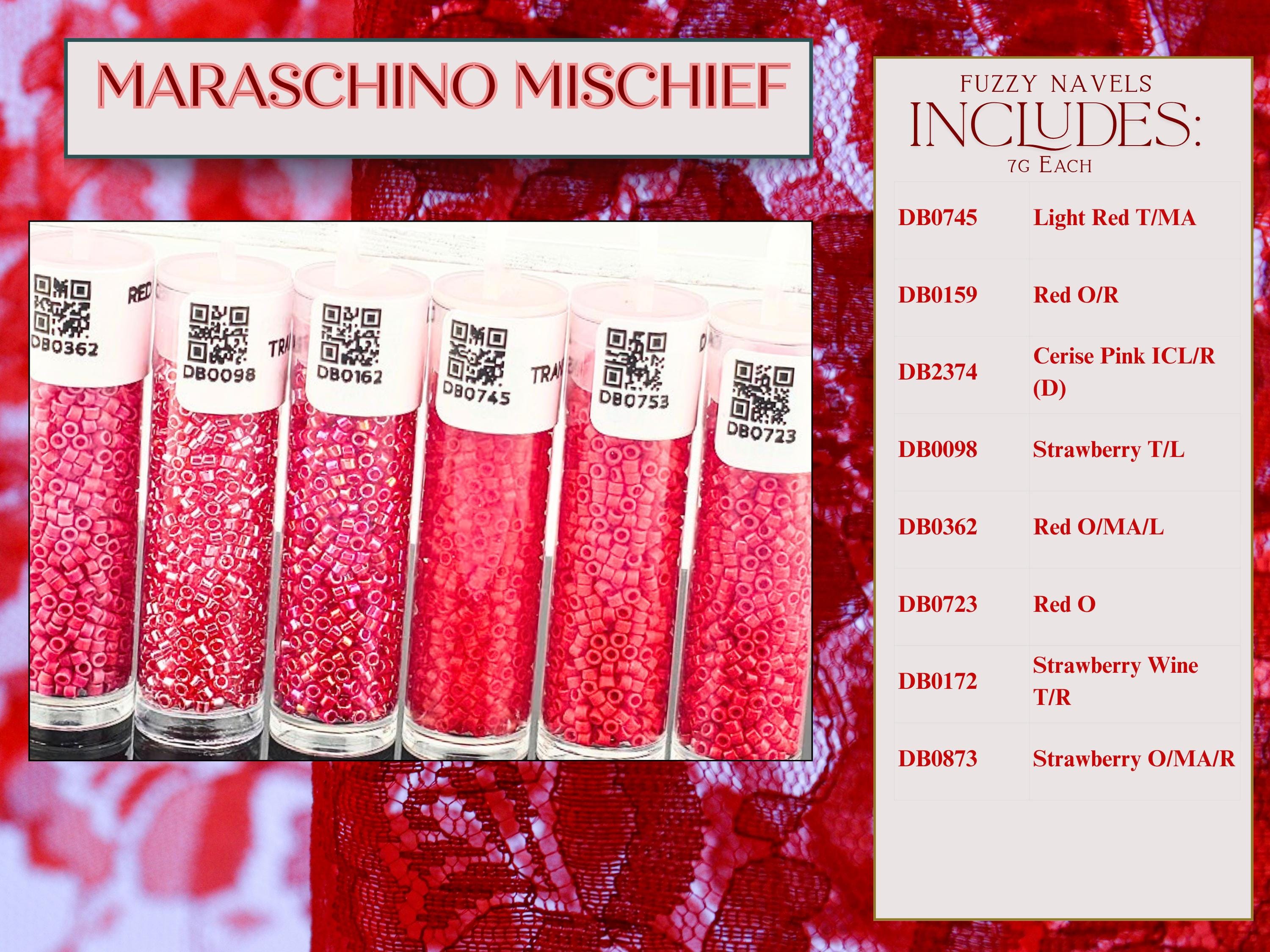 The image is a collage of two images. The top image shows a collection of red beads in glass containers, each labeled with a unique number. The bottom image features a close-up of a red lace pattern. The text in the image is too small and blurry to be legible.
