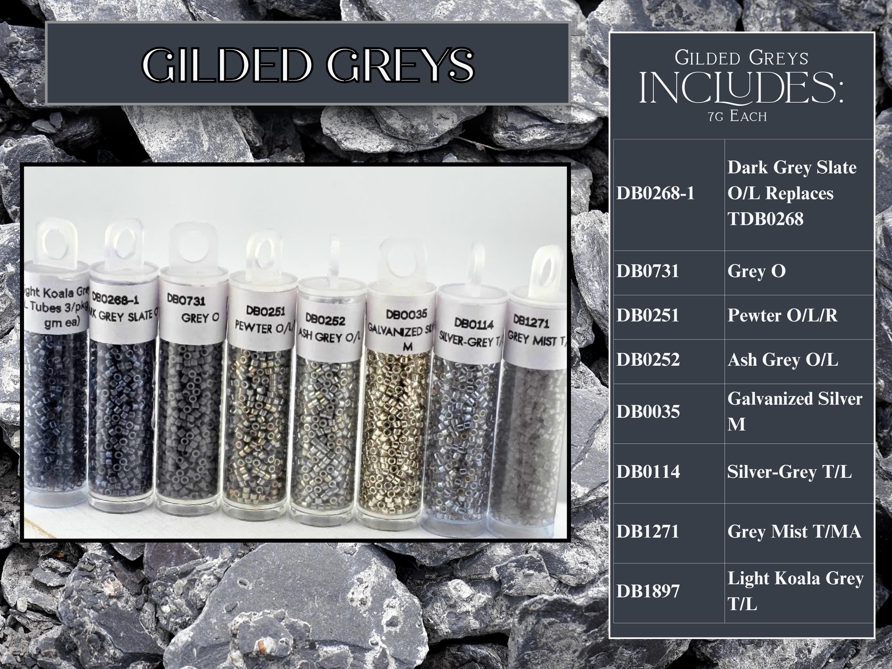 a collection of colored glass beads, each containing a different colored glass material, such as dark grey slate, grey oil, grey mist, silver-grey oil, silver-grey tma, and light kola grey.
