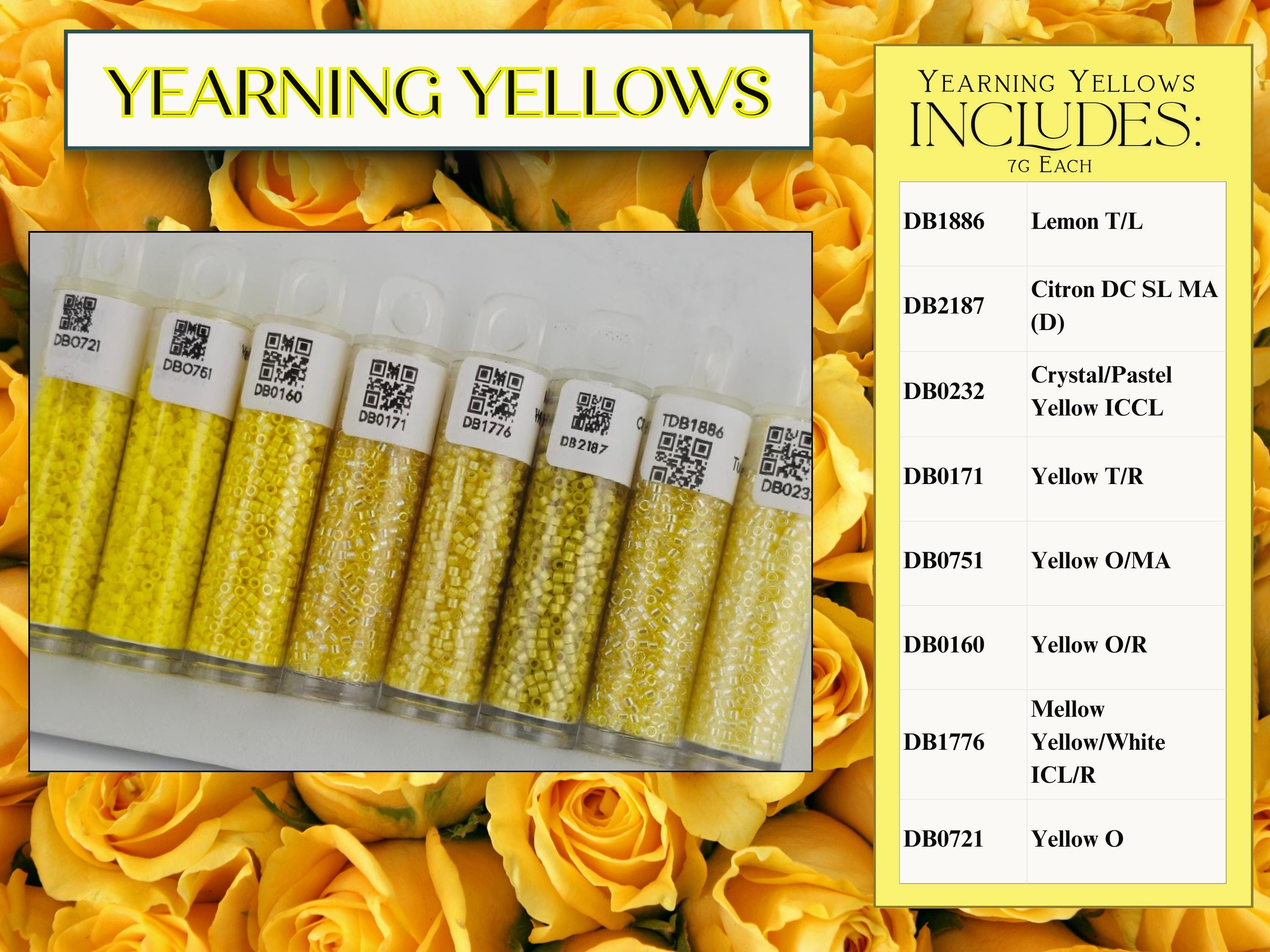 The image is a collage of various yellow rose petals, with a focus on the yellow color and the roses. The text in the image includes the words "Yearing Yellow" and "Includes 7 colors" along with the names of the colors: Lemon TIL, Citron DC SL MA, Crystal/Paste, Yellow ICL, Yellow 1/R, Yellow O/MA, and Yellow O/R.