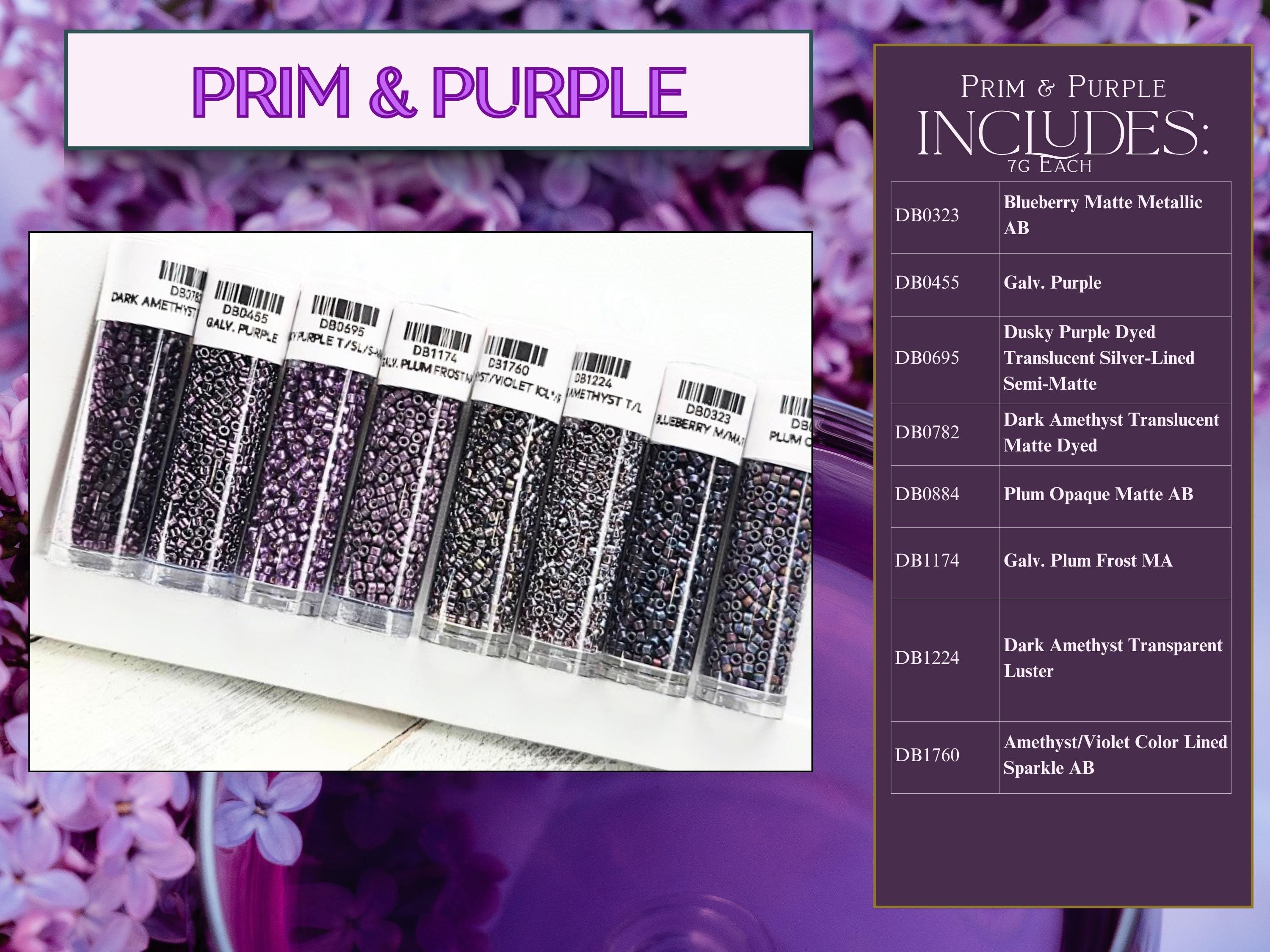 The image is a collage of various purple beads, each labeled with a different color, arranged in multiple rows. The image also includes a list of colors and their corresponding descriptions, such as "Blueberry Matte Metallic AB", "Gala, Purple", "Dusky Purple Dye", "Dusky Purple Dye", "Transparent Silver-Limited", "Dark Amethyst Translucent", "Dark Amethyst Translucent", "Dark Amethyst Translucent", "Luster&quot