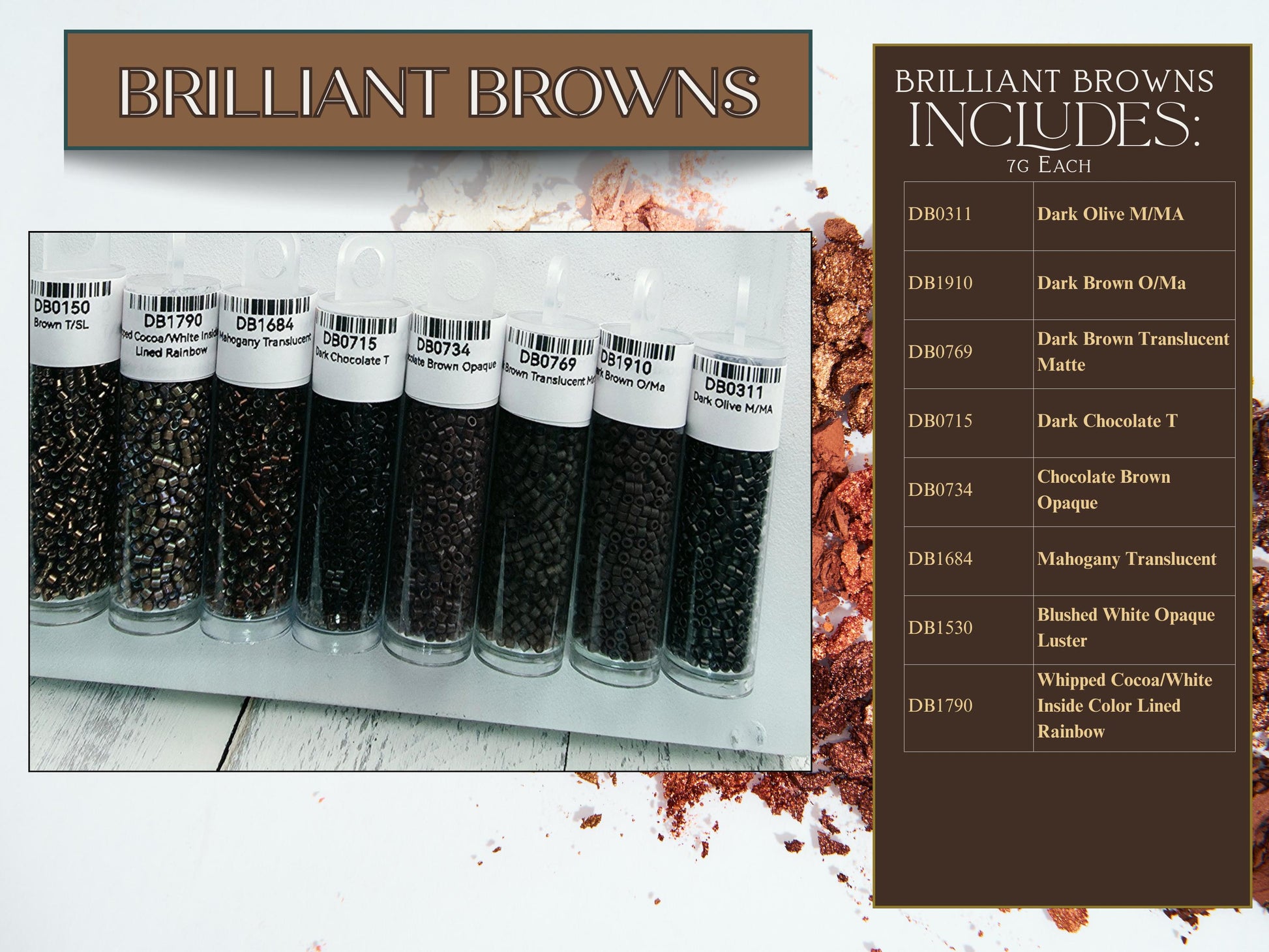 The image is a collage of two photos. The left photo shows a collection of black beans in glass jars, while the right photo displays a list of various types of chocolate beans, including Brilliant Brown, Dark Olive M&A, Dark Brown O/Ma, Dark Brown Translucent, Chocolate Brown, Opaque, and Blushed White Opaque.