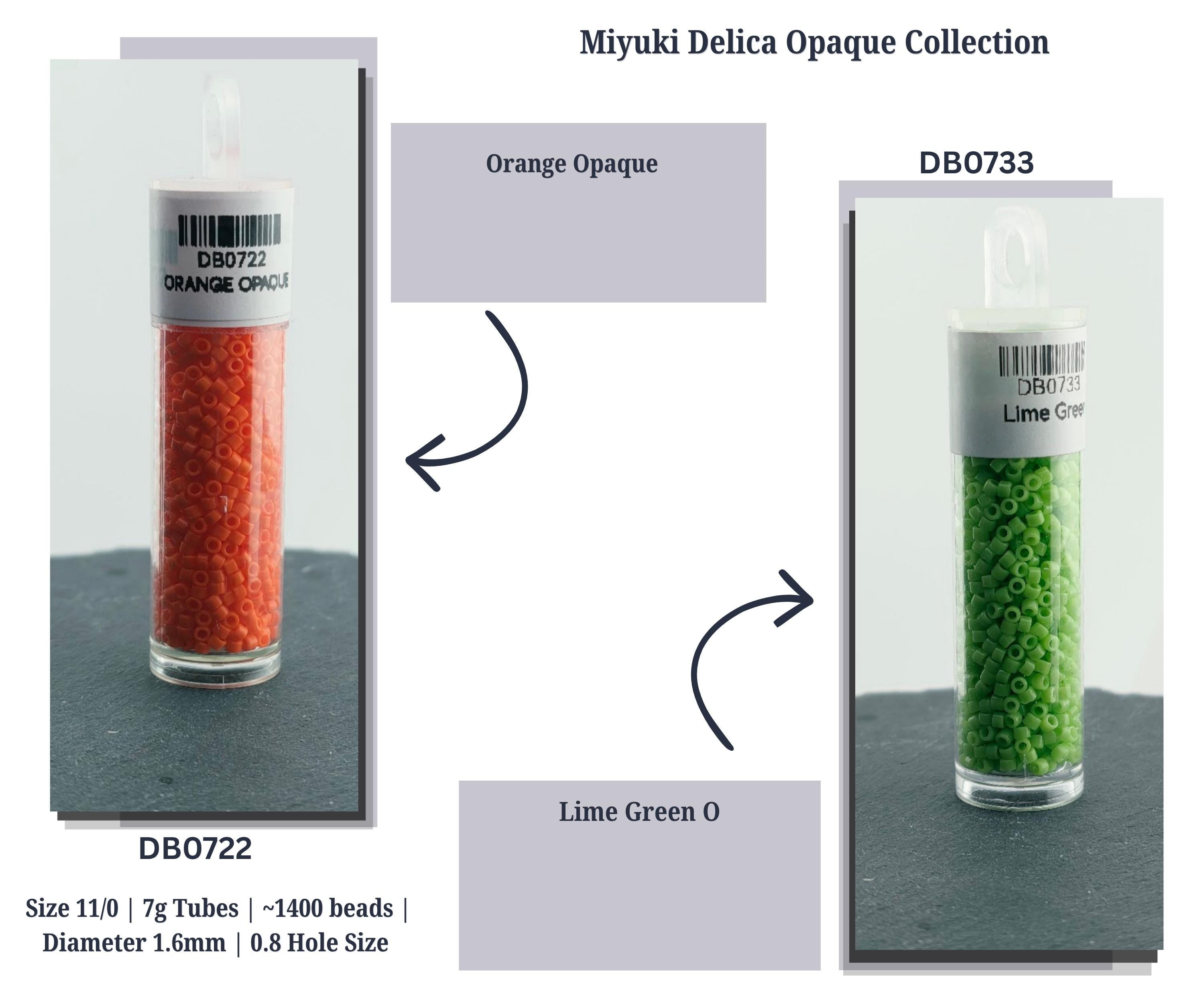 The image is a collage of two images, each showing a different color of beads, specifically orange and lime green beads. The orange beads are in a tube labeled "DB0722" and the lime green beads are in a tube labeled "DB0733". The images are arranged in a way that suggests a comparison between the two colors of beads.