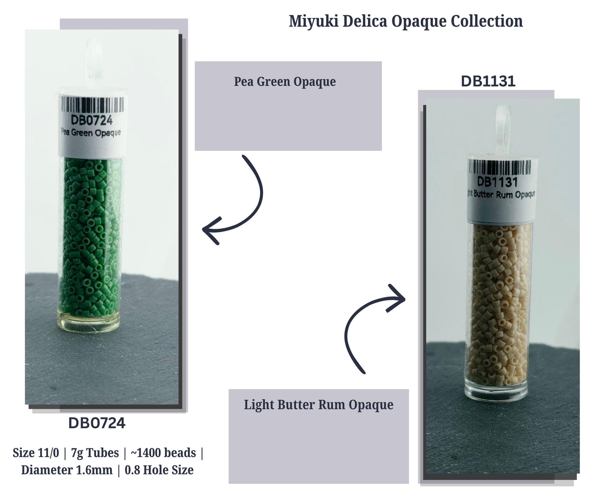 The image is a collage of two images, each showing a different type of Opaque material: Pea Green Opaque and Light Butter Rum Opaque. The text in the image provides information about the size, number of tubes, and dimensions of the materials.