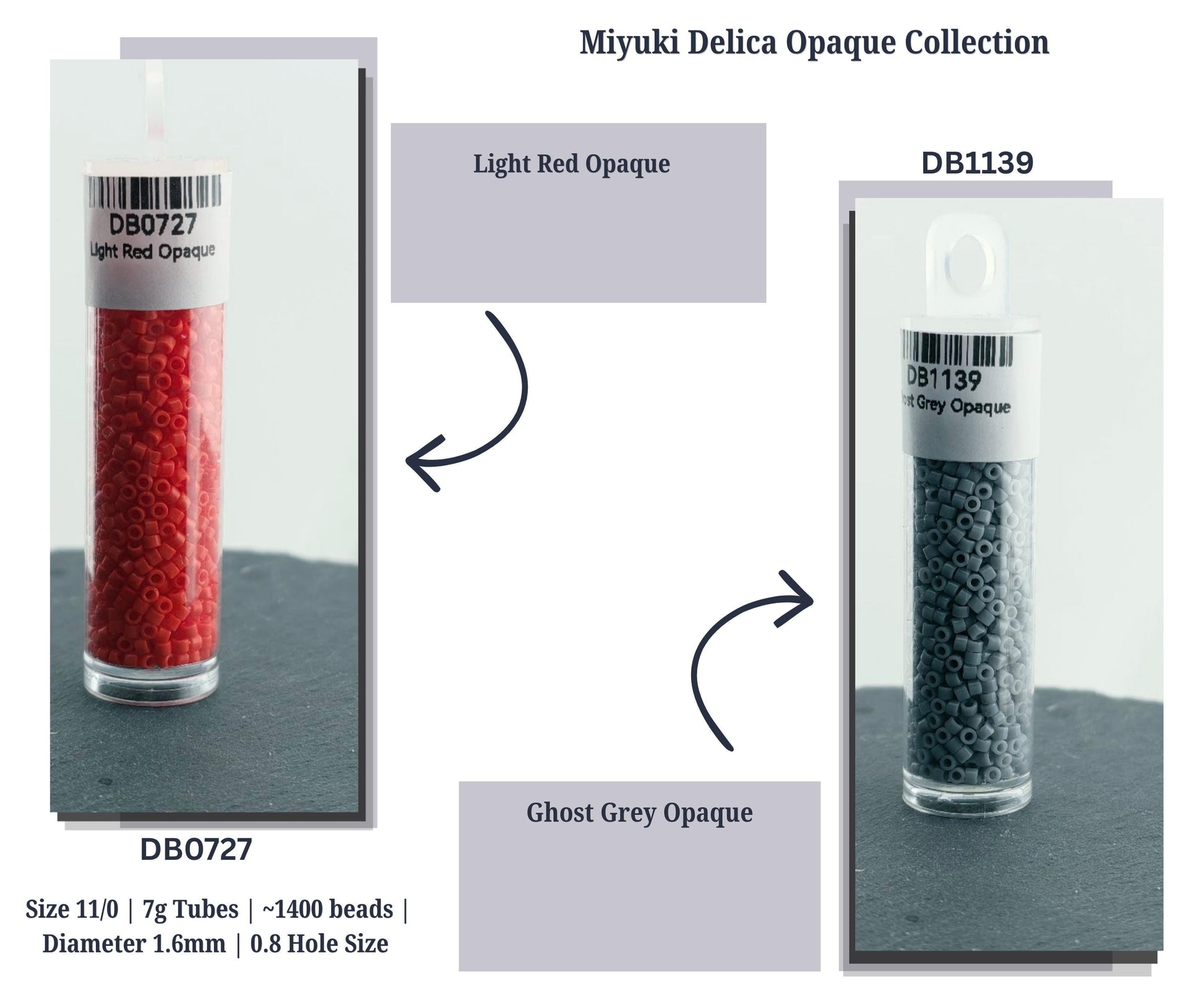 The image is a collage of two images, each showing a different color of Opaque beads, specifically the Light Red and Ghost Grey Opaque beads. The collage includes text descriptions for each image, providing information about the size, number of beads, and hole size of the beads.