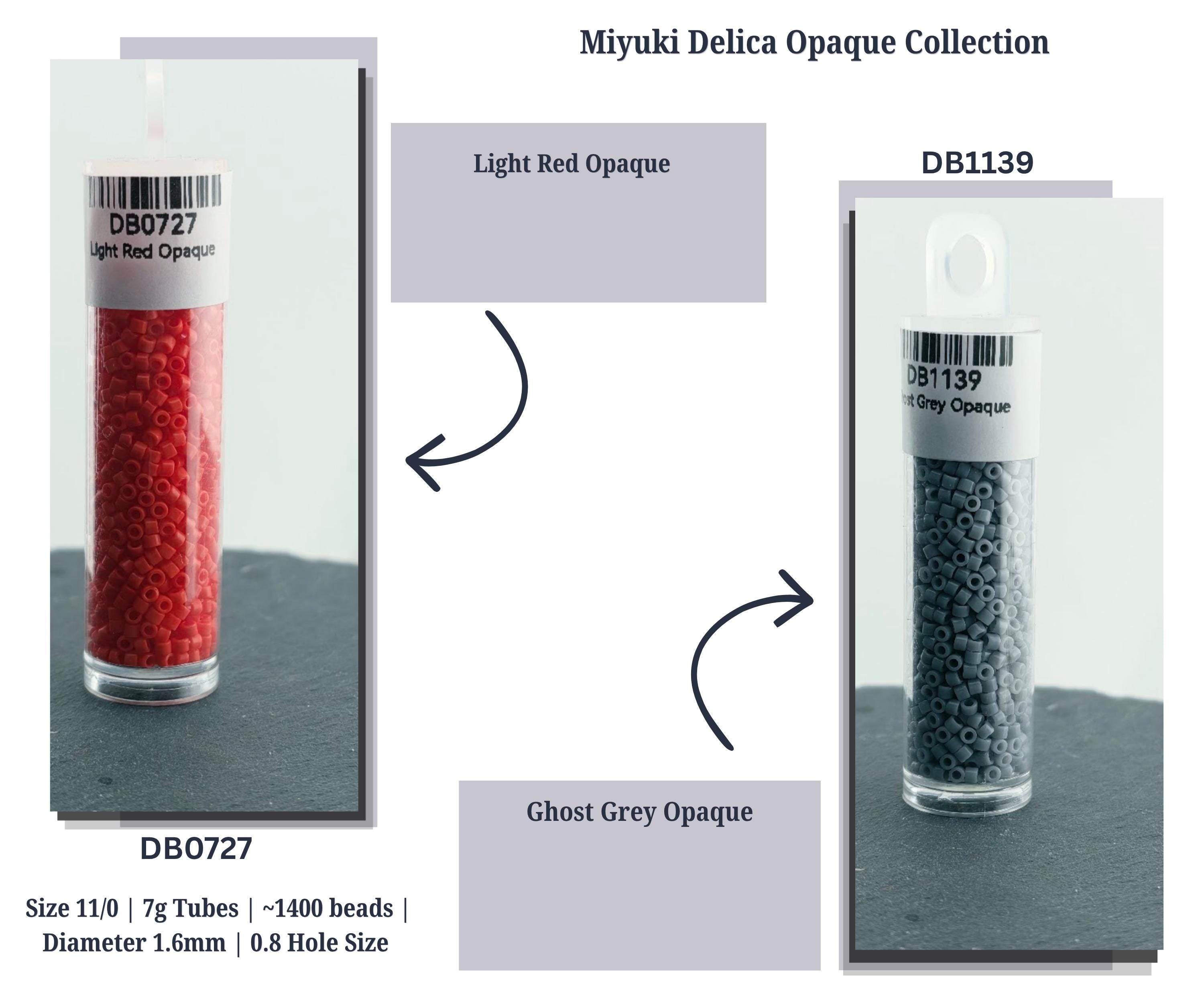 The image is a collage of two images, each showing a different color of Opaque beads, specifically the Light Red and Ghost Grey Opaque beads. The collage includes text descriptions for each image, providing information about the size, number of beads, and hole size of the beads.